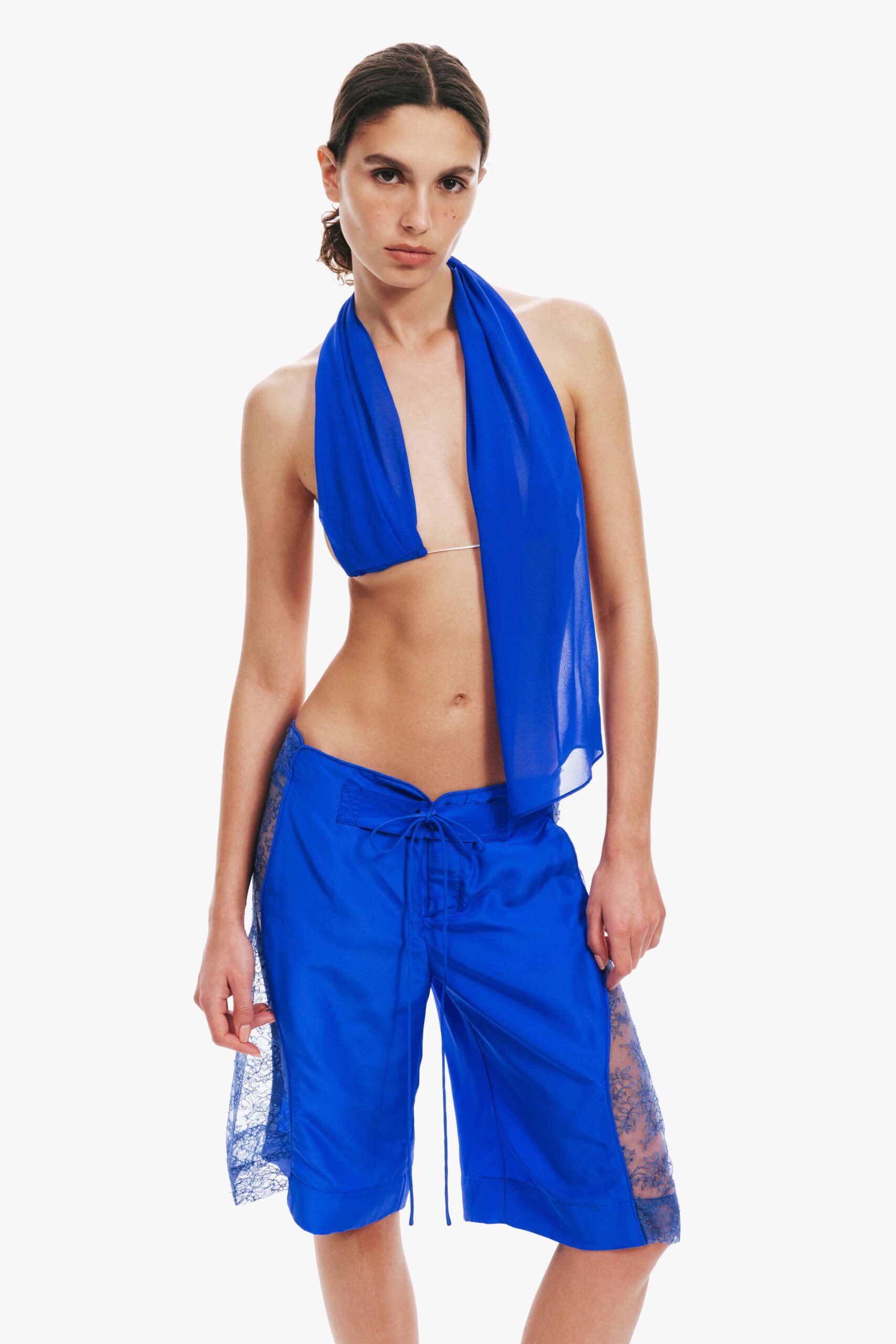 blue cotton relaxed zippered pockets shorts