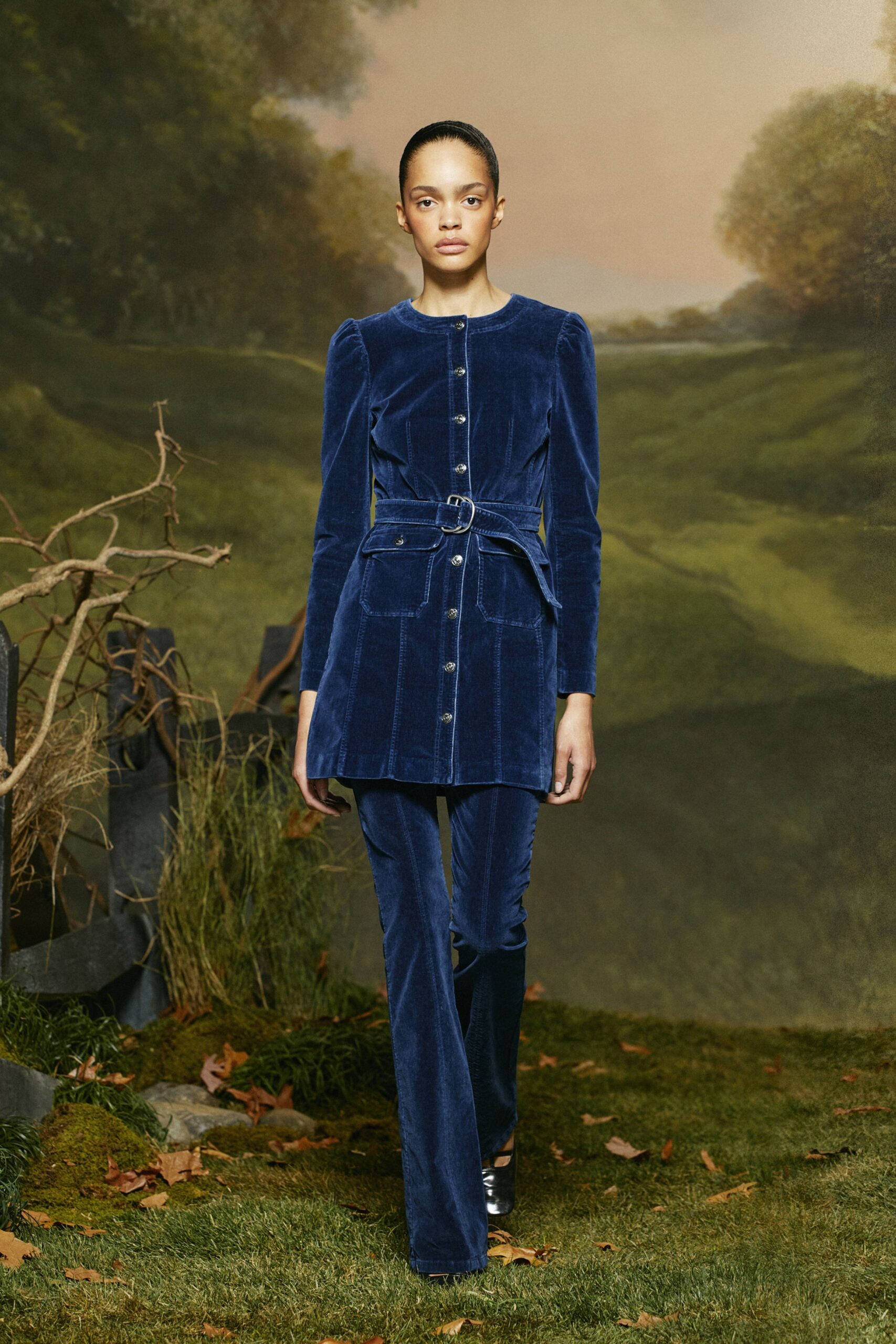 blue velvet long-sleeve collared fitted buttoned belted jacket