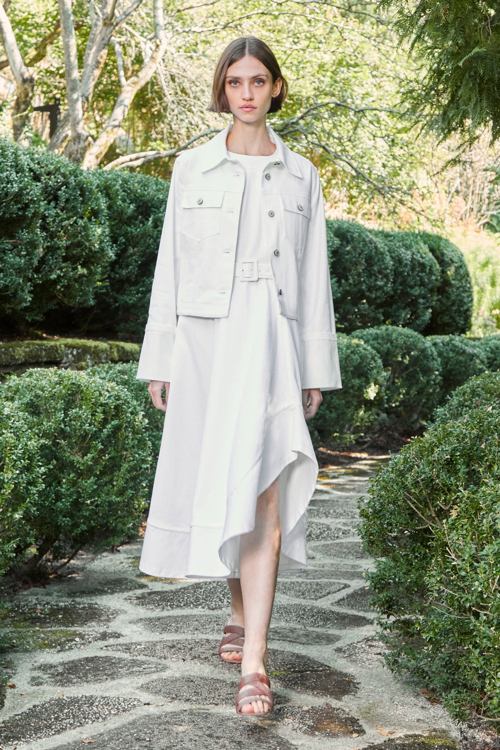 white cotton sleeveless v-neck fitted tiered midi dress