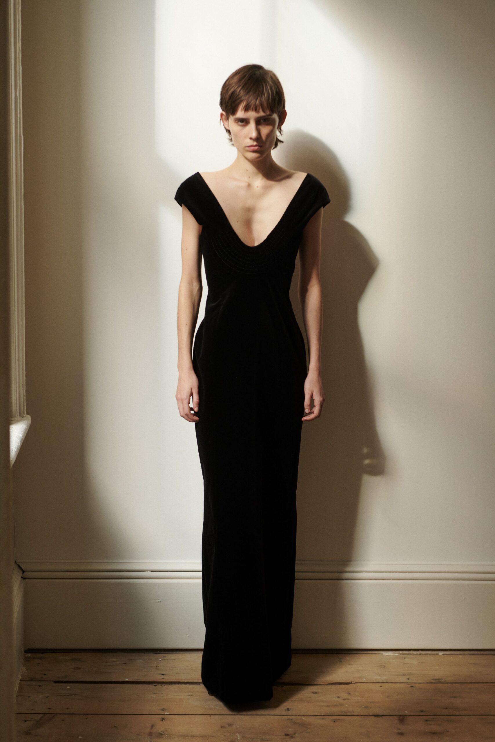black velvet sleeveless gown