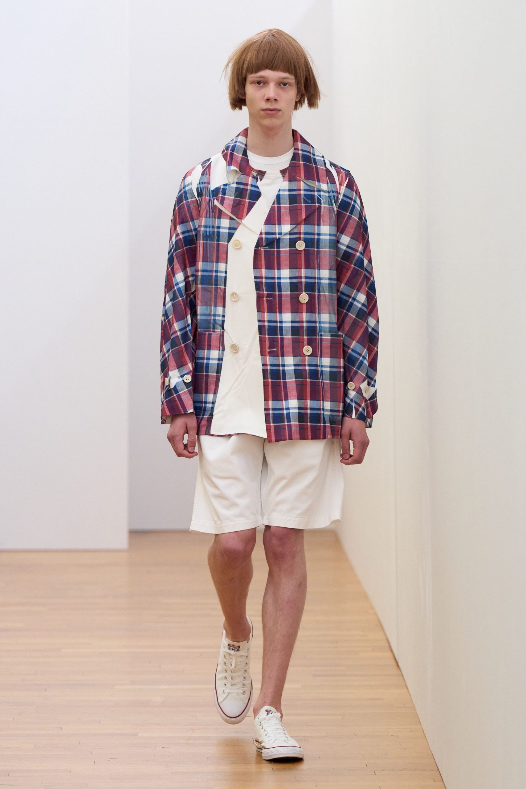 red cotton long-sleeve collared relaxed checked jacket
