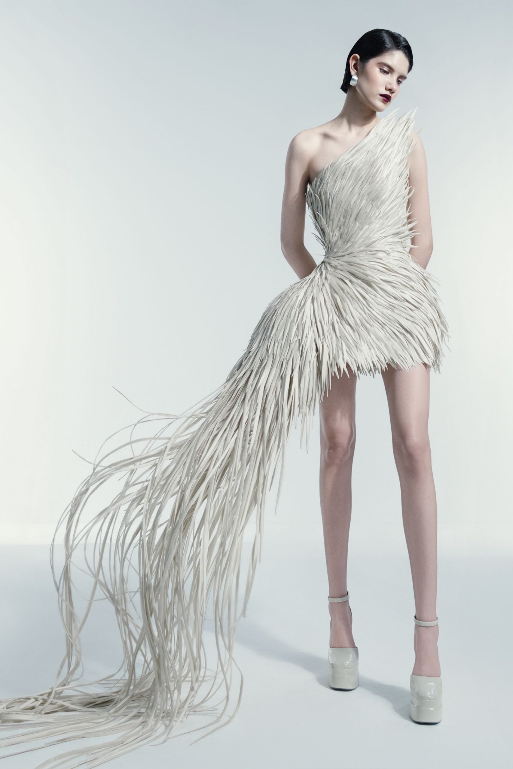 white silk sleeveless asymmetric fitted fringed flowing mini-dress