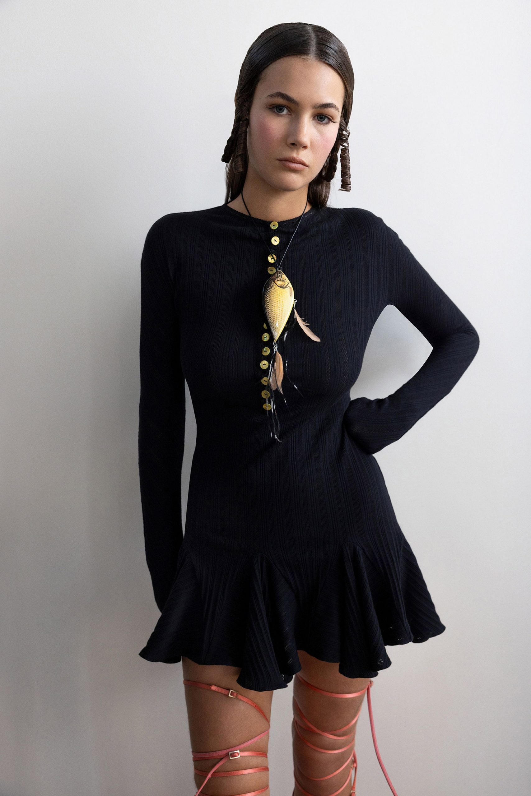 black cotton long-sleeve collared fitted pleated flared dress