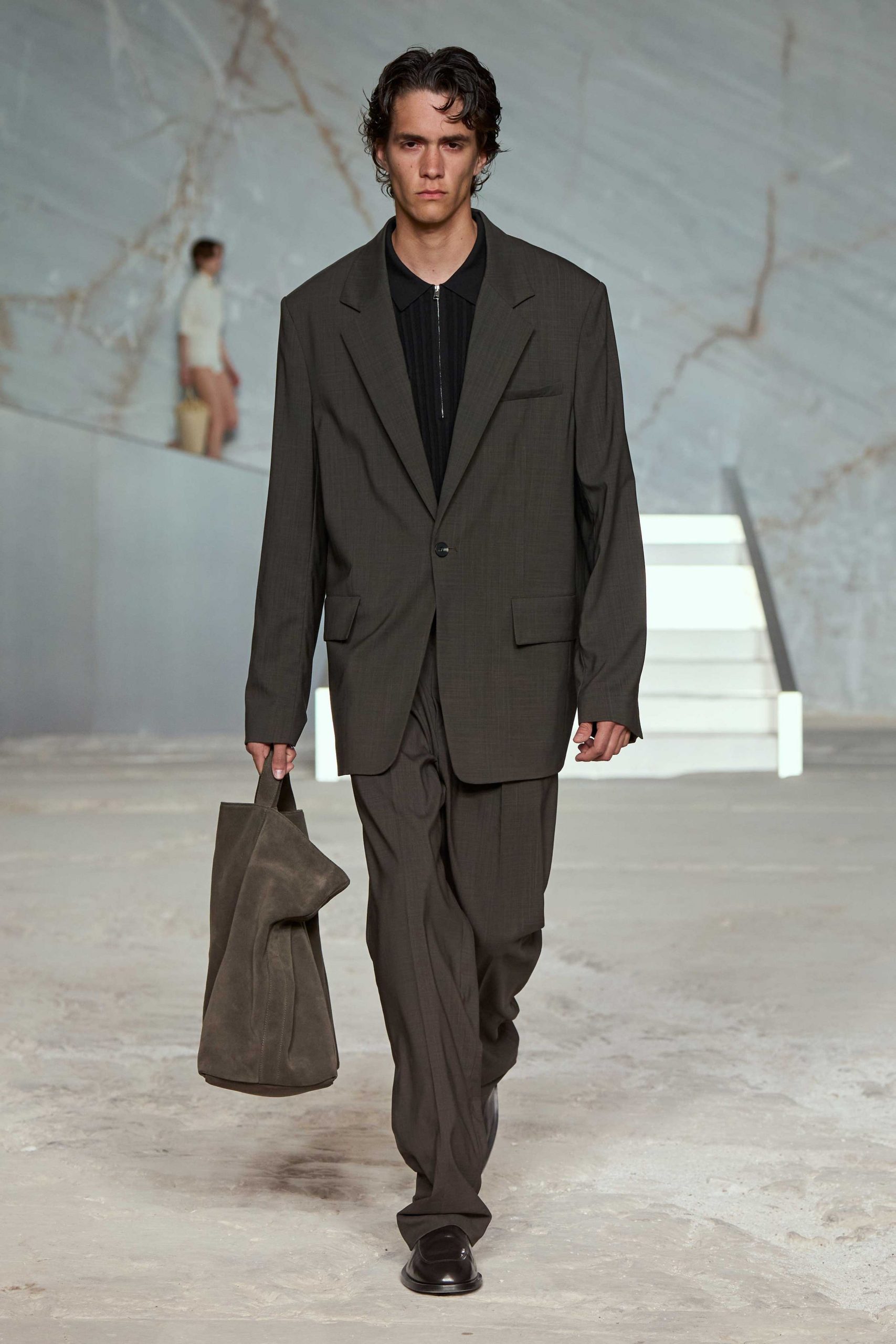 gray relaxed suit with bag