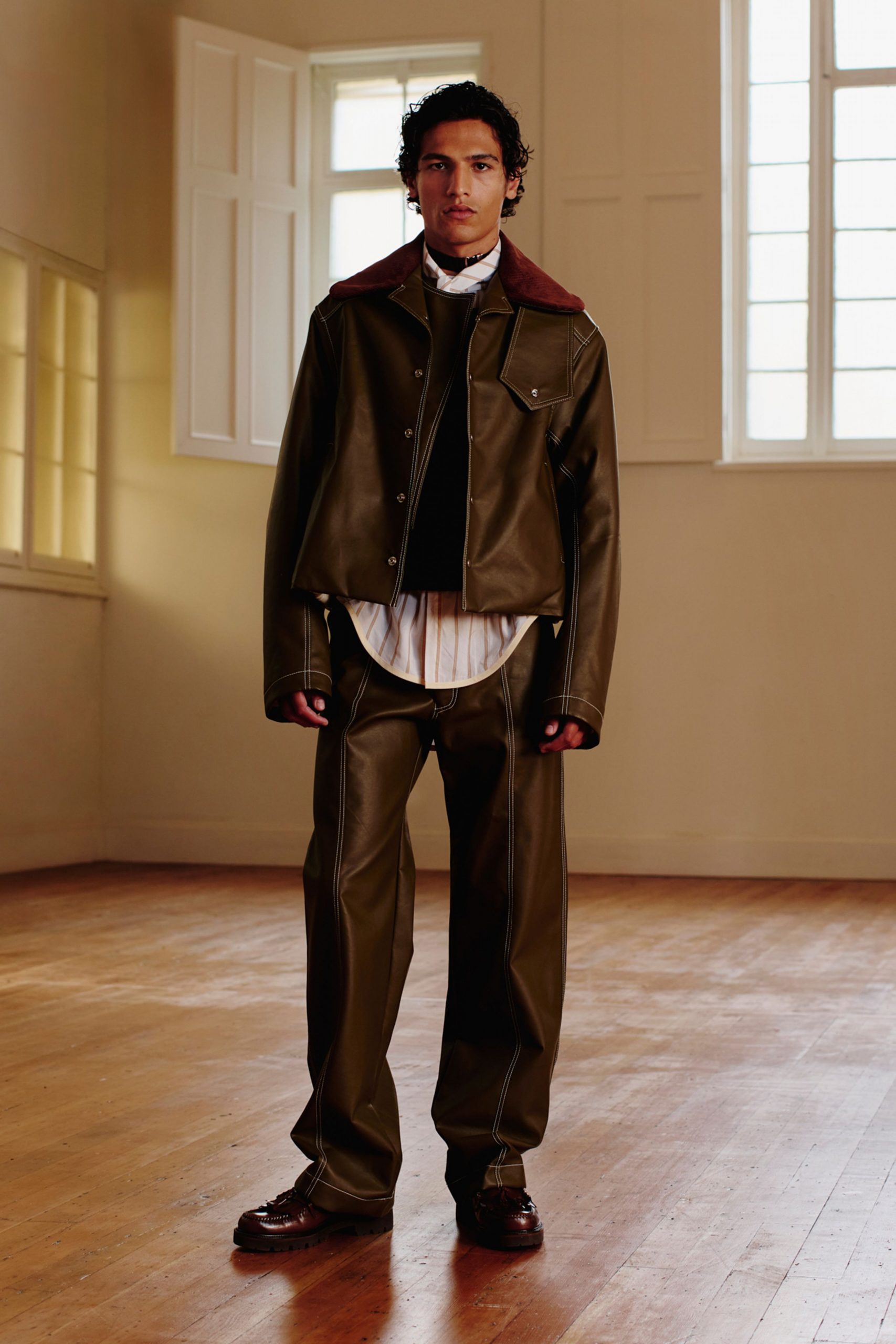 brown leather jacket and pants