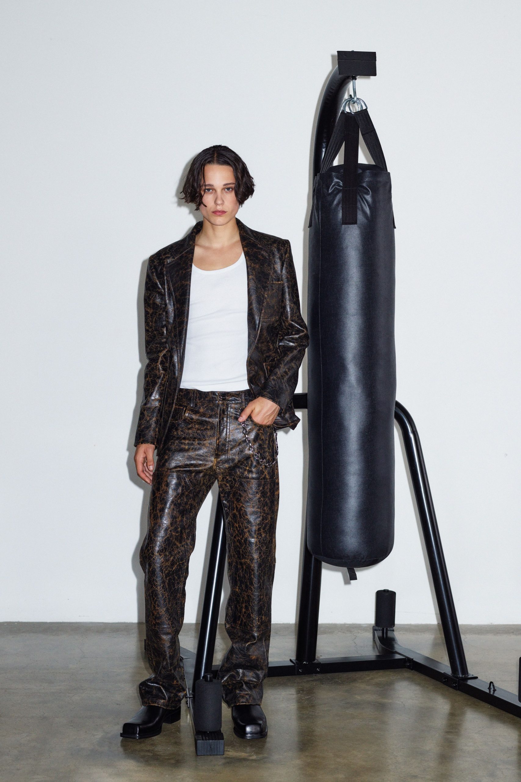 brown leather printed blazer and pants