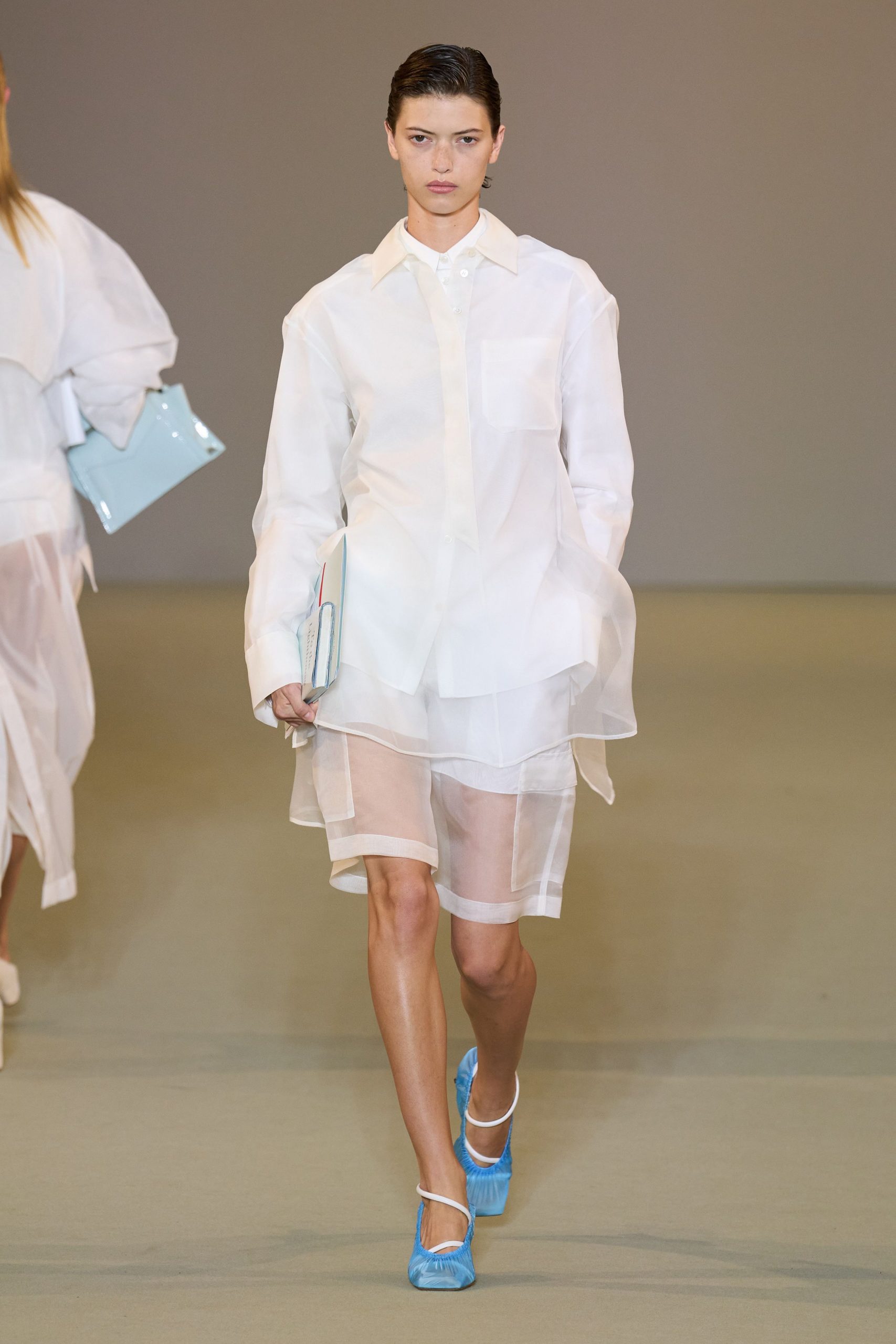 white cotton long-sleeve collared relaxed sheer short shirt