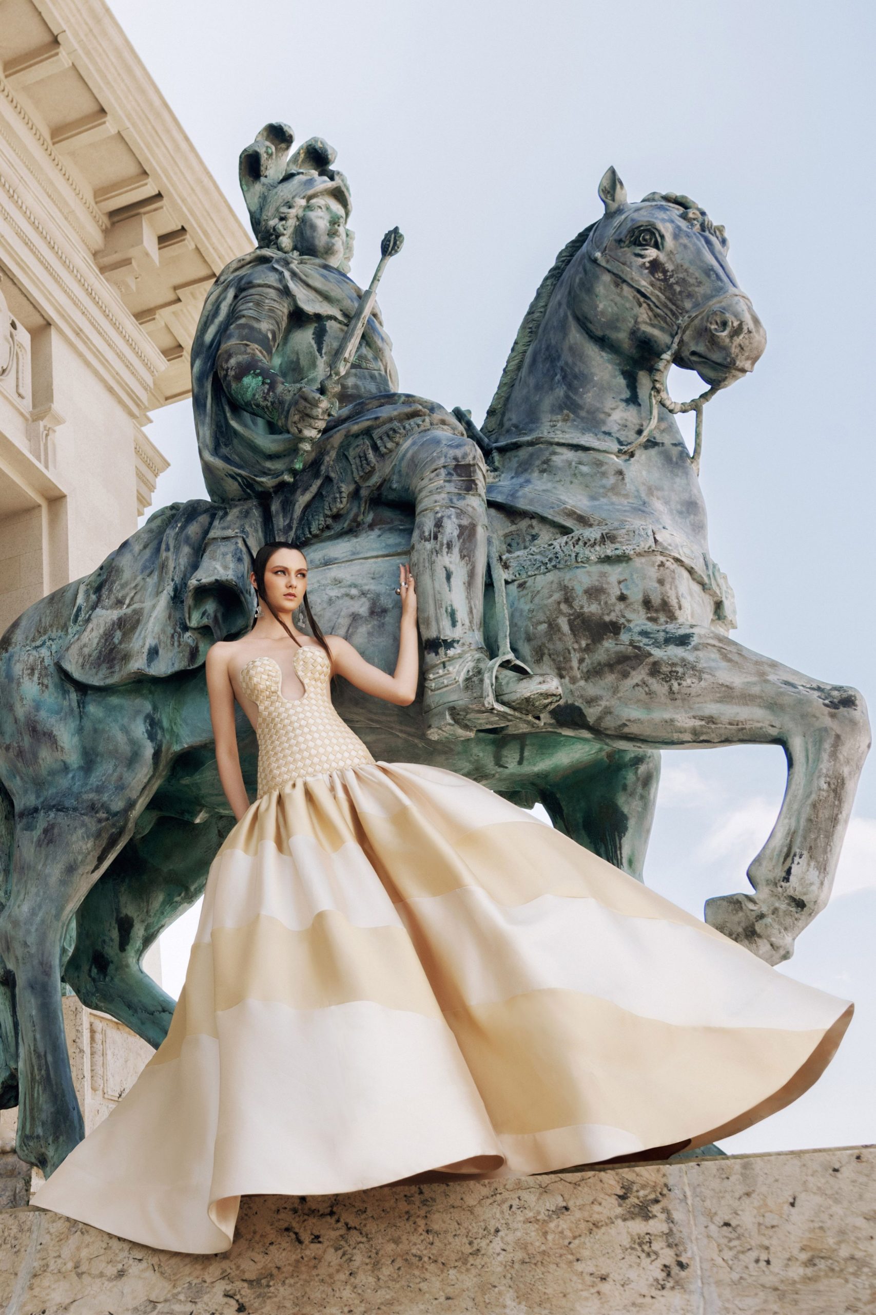 beige and gold pleated gown