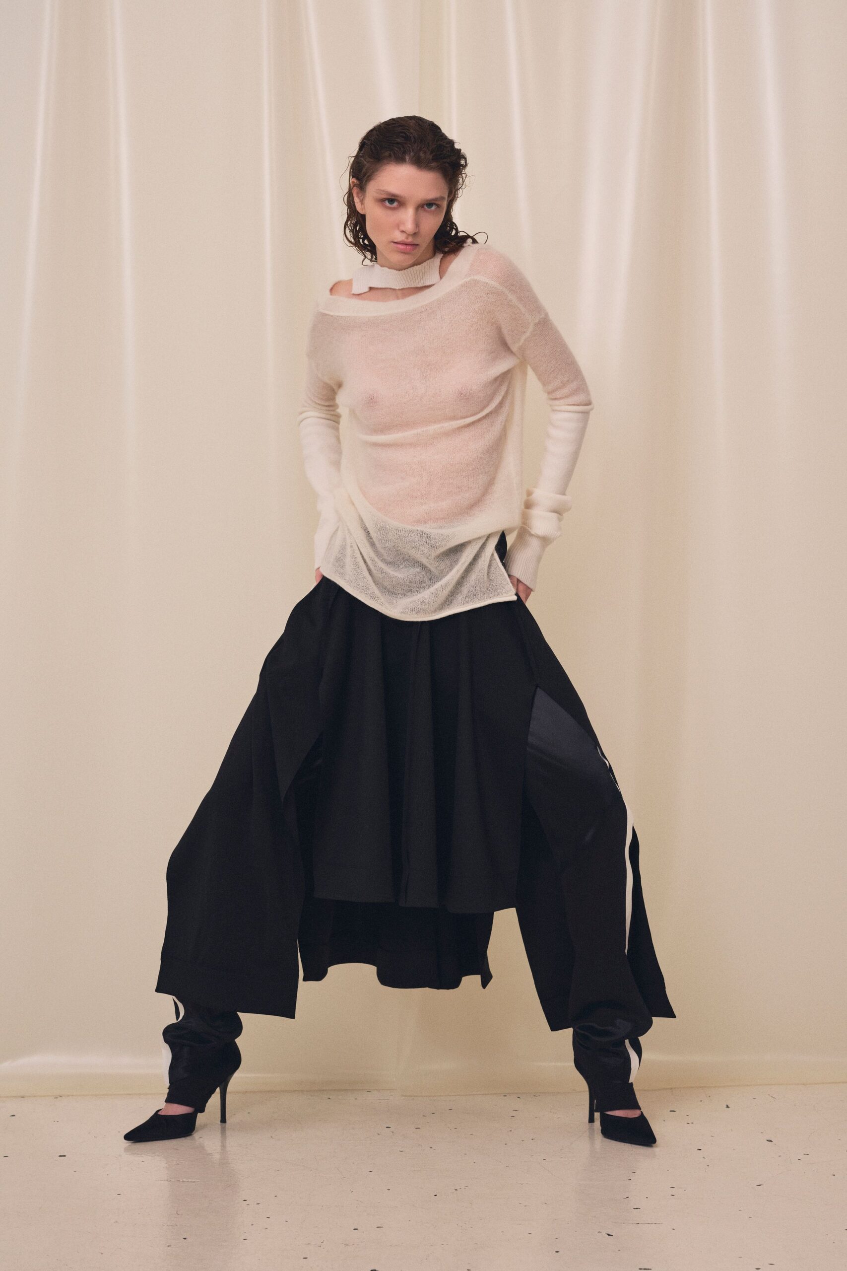 white cotton long-sleeve off-shoulder relaxed sheer top