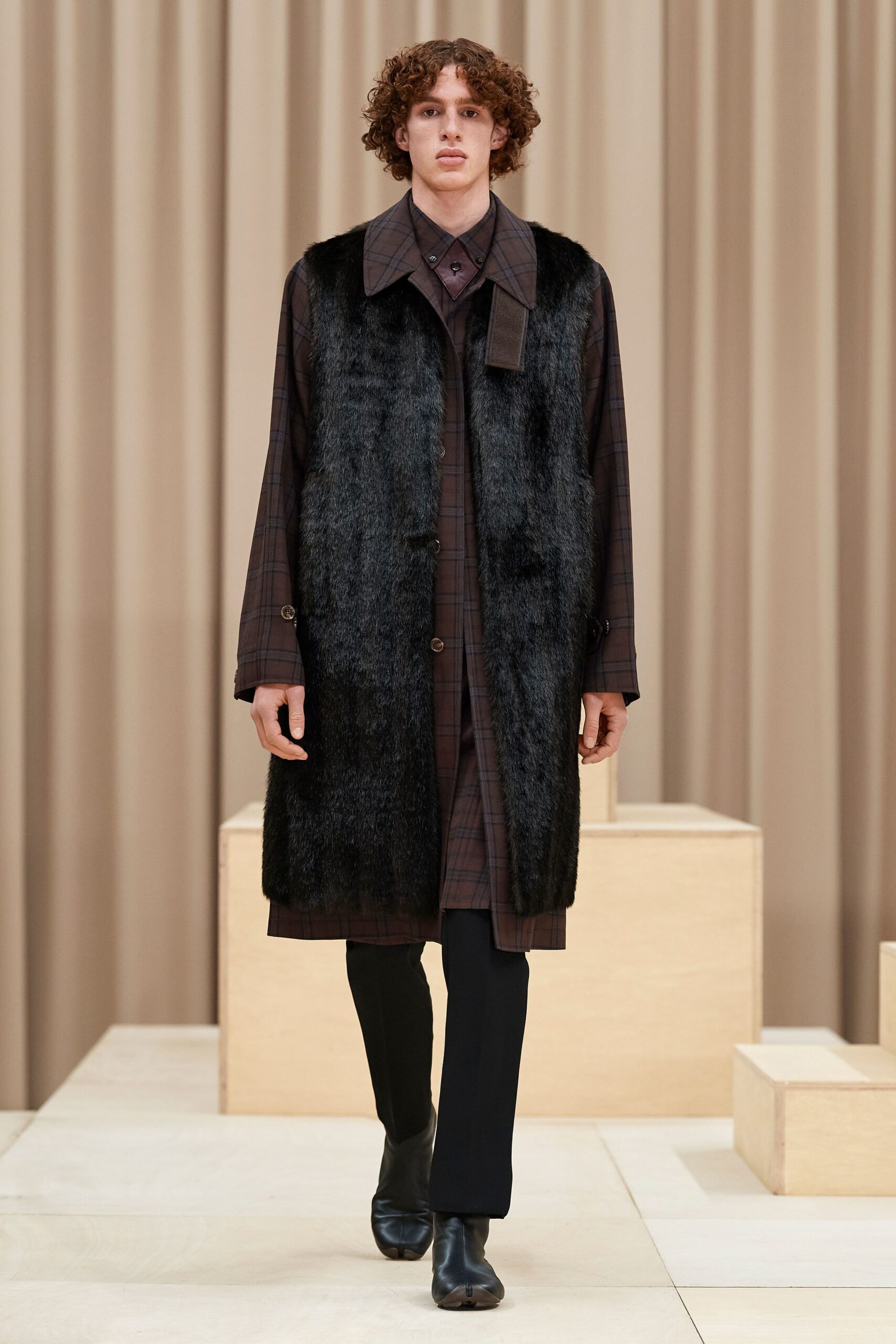 black fur sleeveless open-front longline textured maxi vest