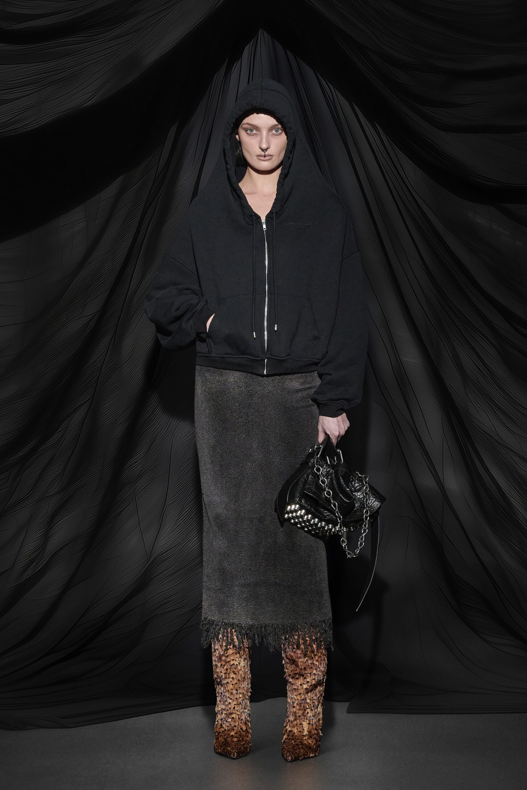 gray wool fitted fringed skirt