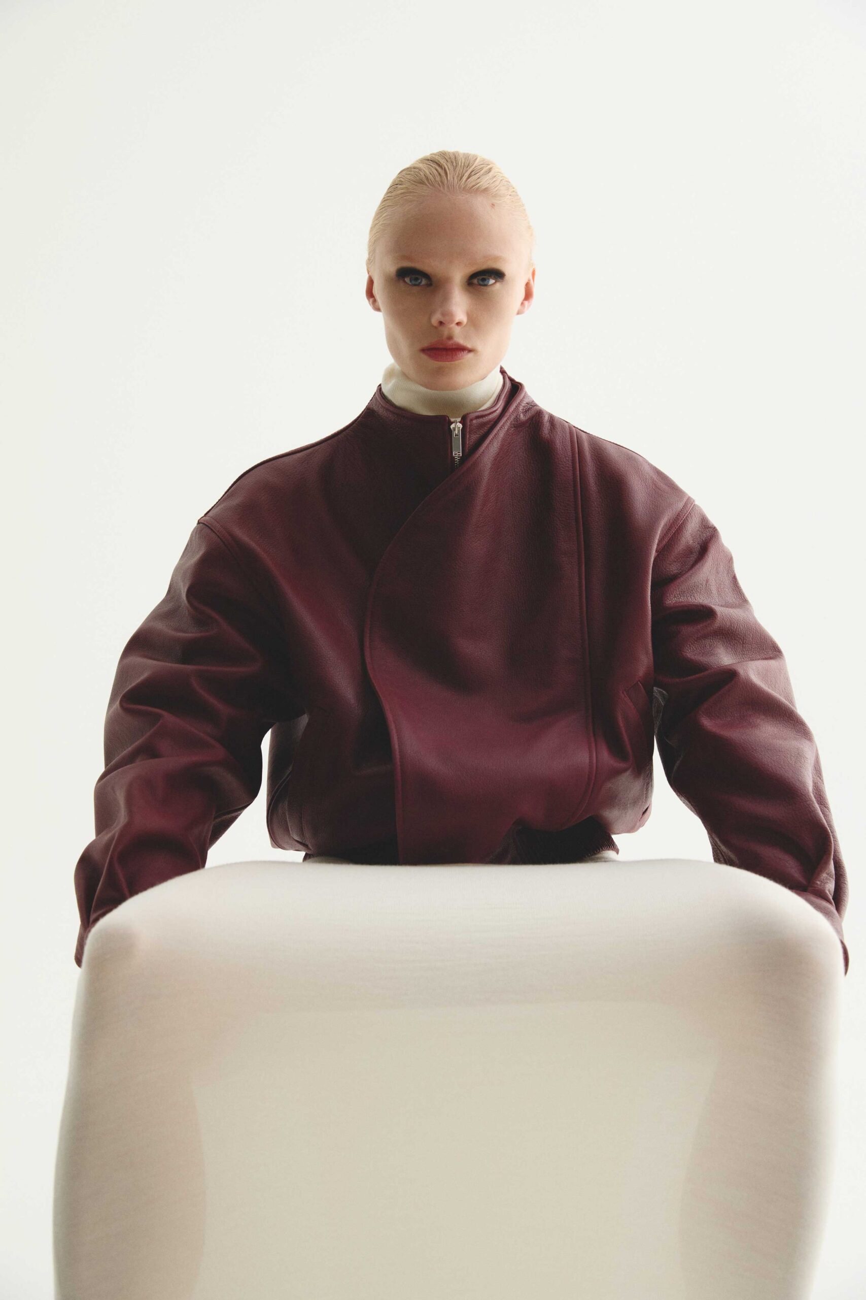 maroon leather long-sleeve collared oversized jacket