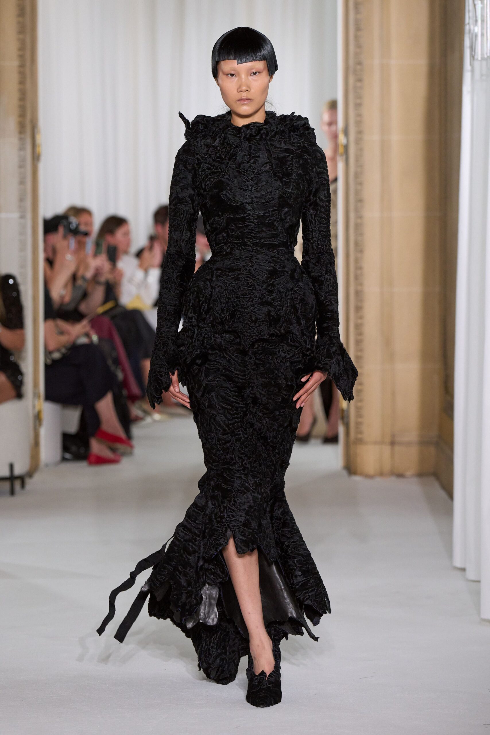 black silk ruffled gown