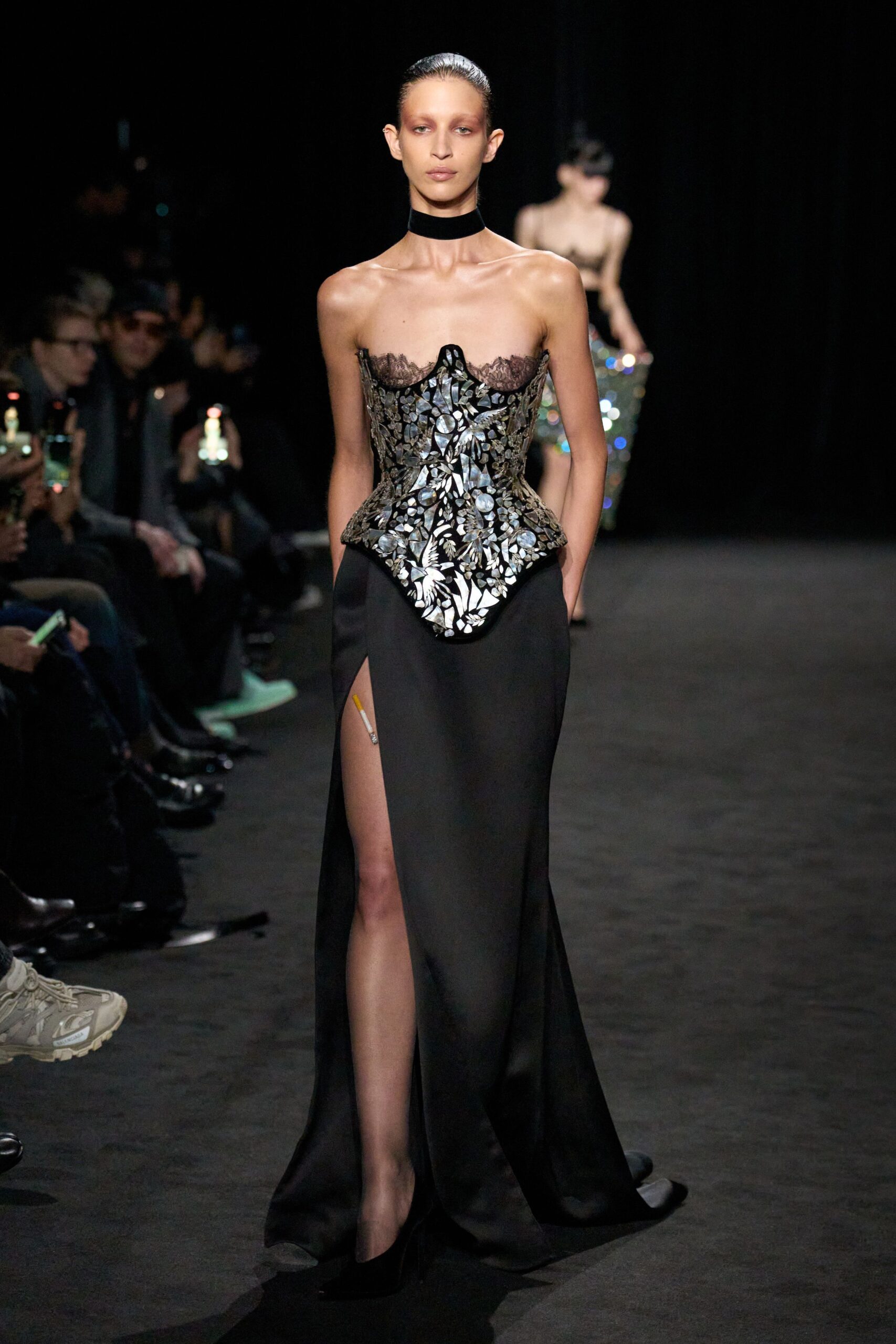 black silk sleeveless v-neck fitted embroidered beaded gown