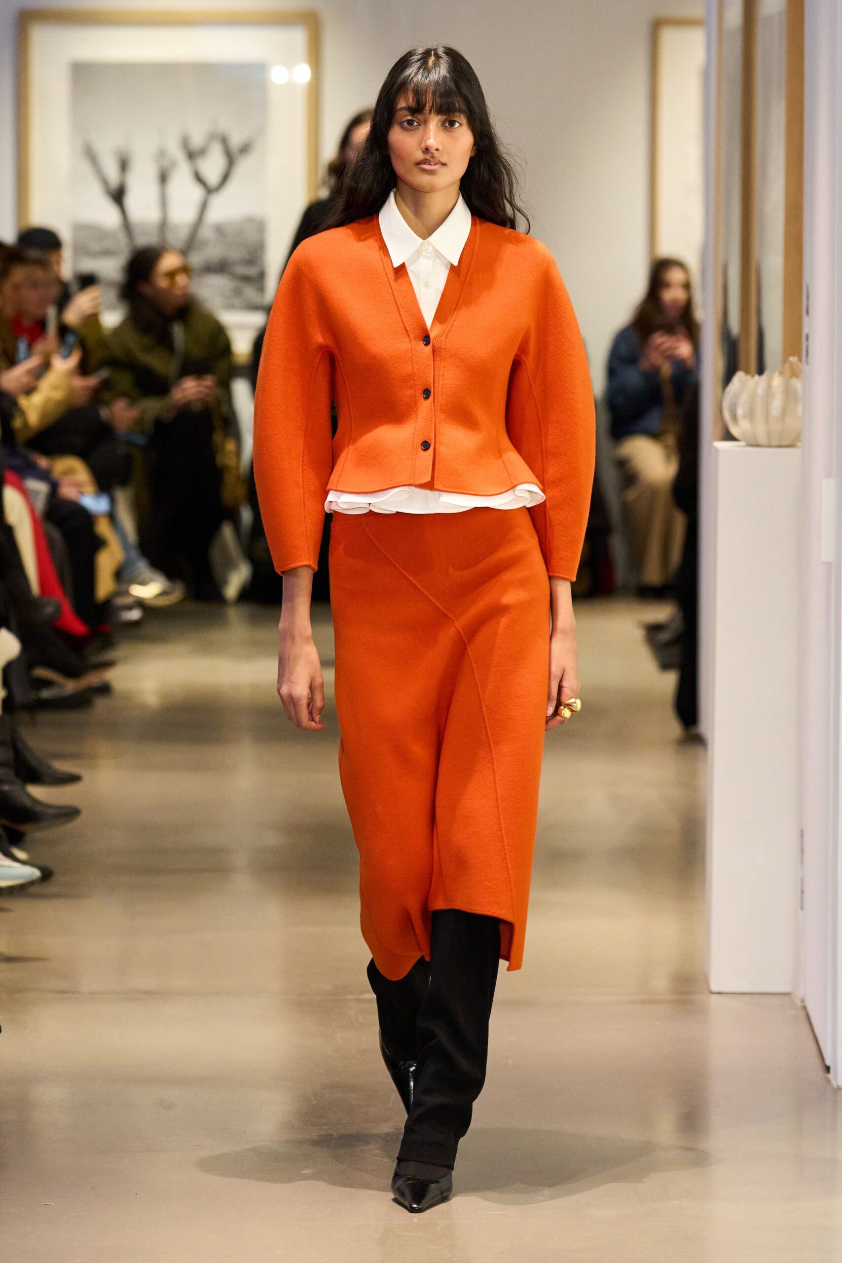 orange wool asymmetric fitted draped midi skirt
