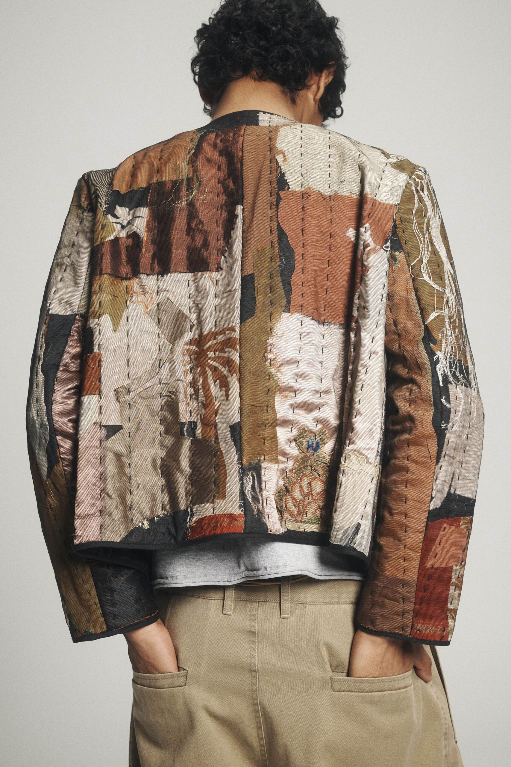 brown cotton long-sleeve collared oversized patchwork quilted jacket