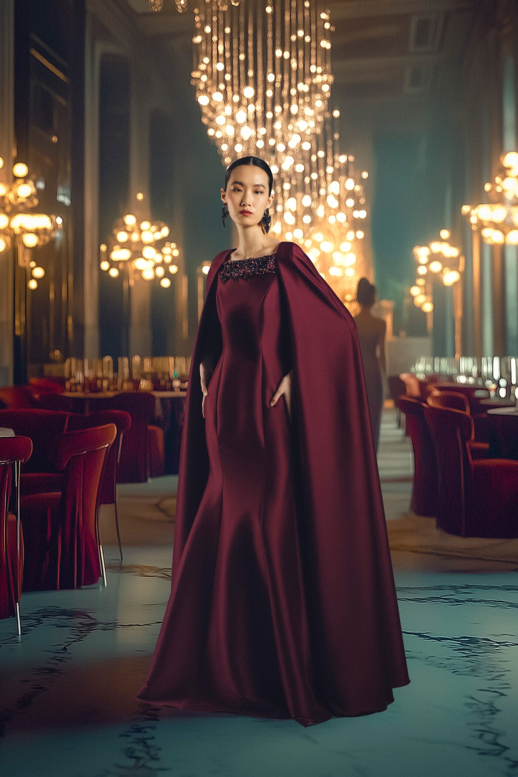 maroon silk long-sleeve off-shoulder fitted draped maxi gown
