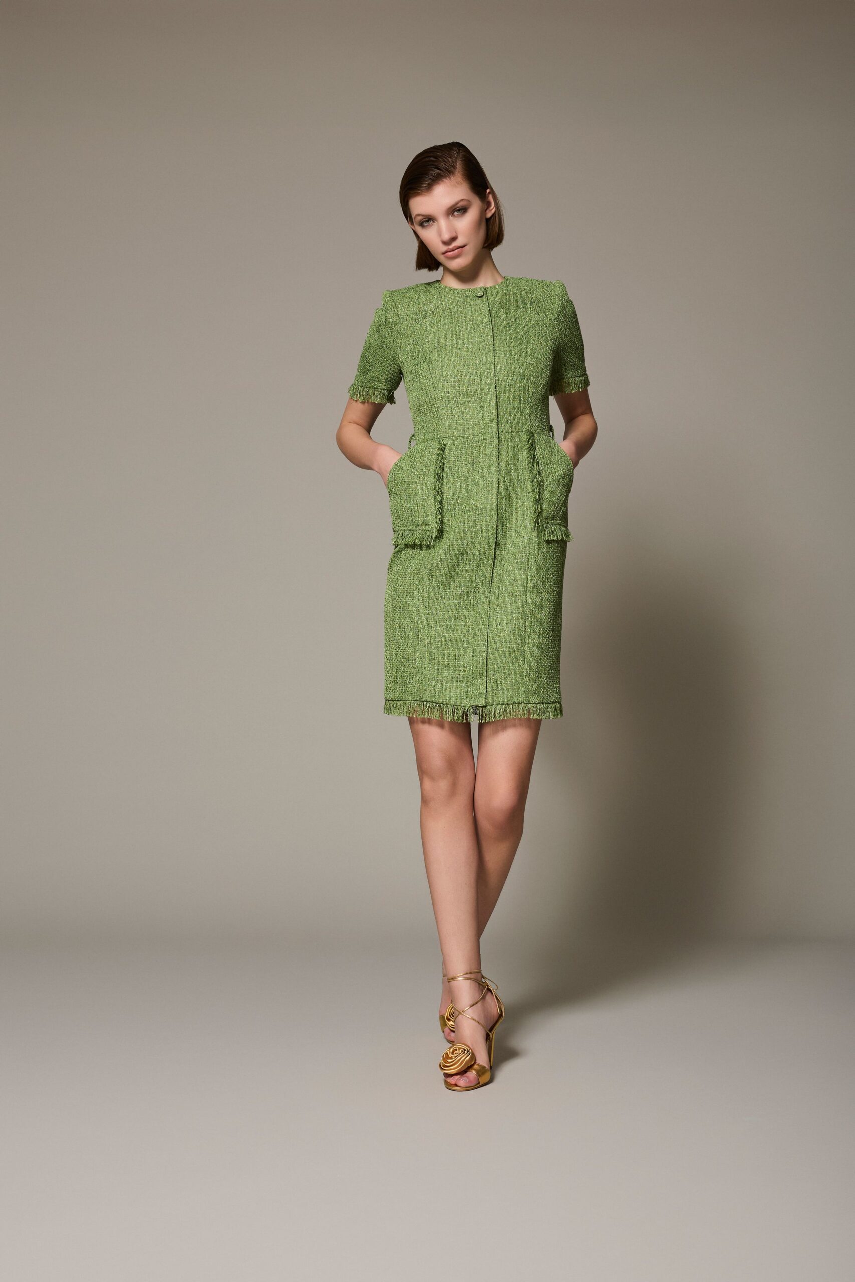 green tweed short-sleeve collared fitted pockets short dress