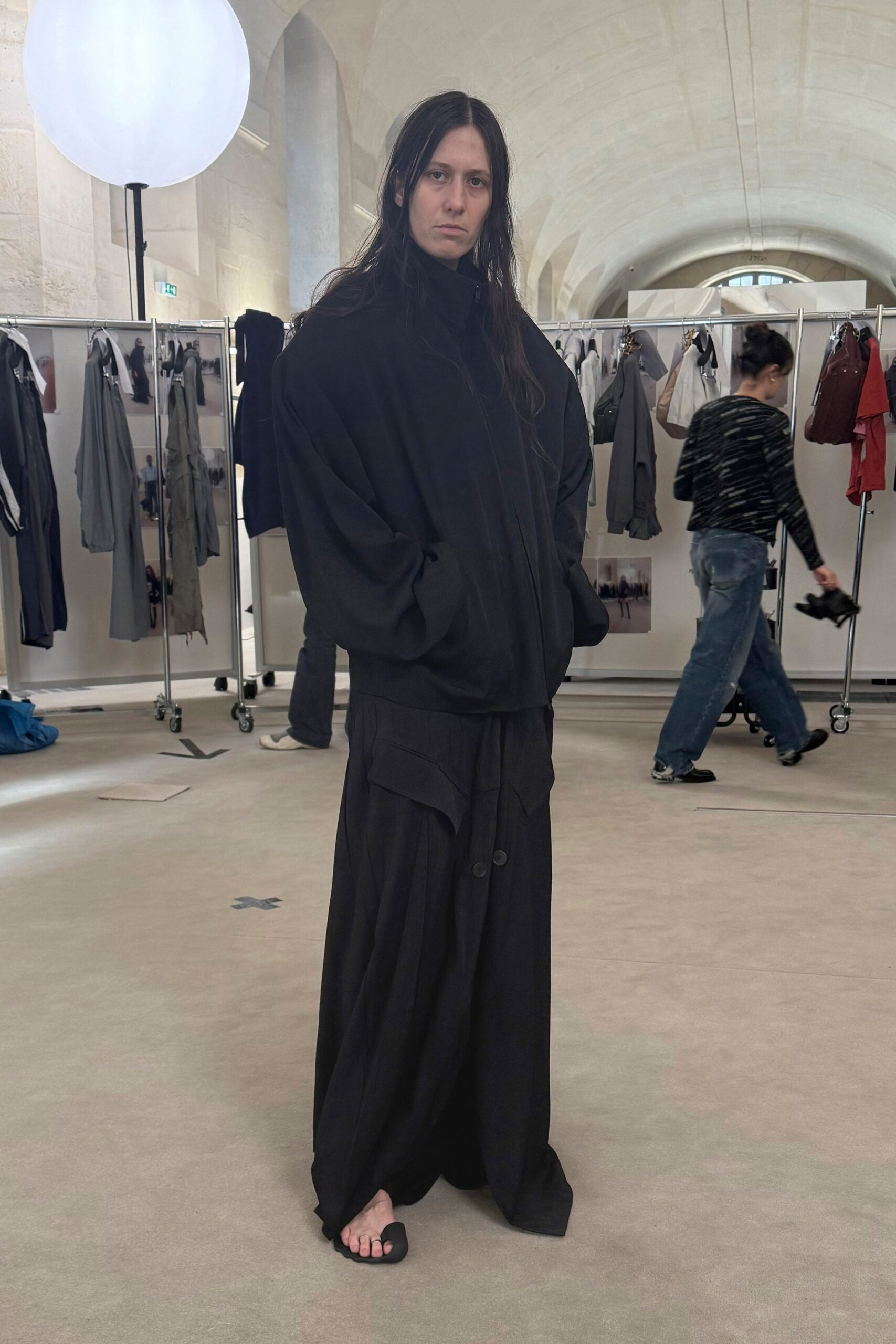 black oversized jacket with relaxed pants