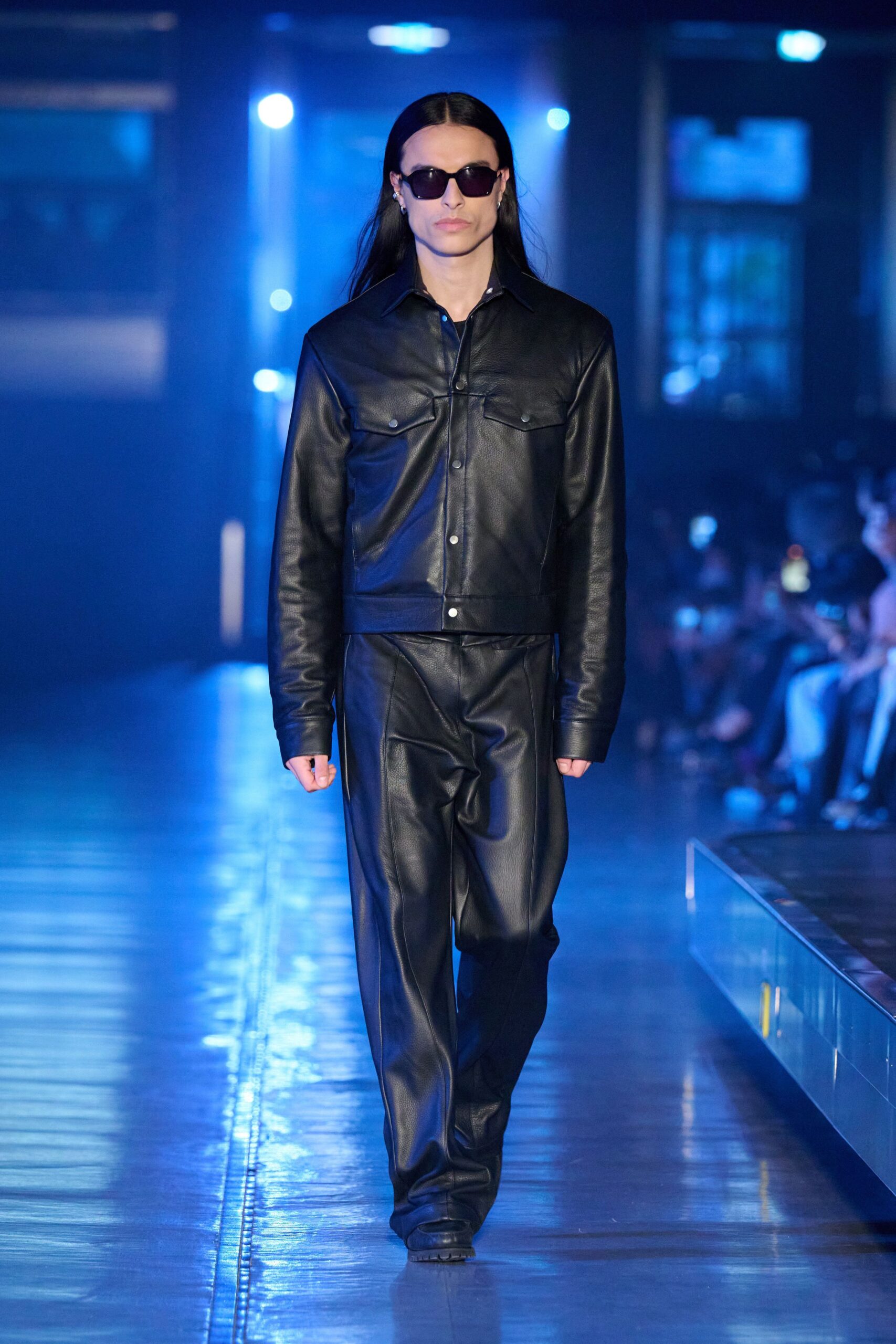 black leather outfit with sunglasses