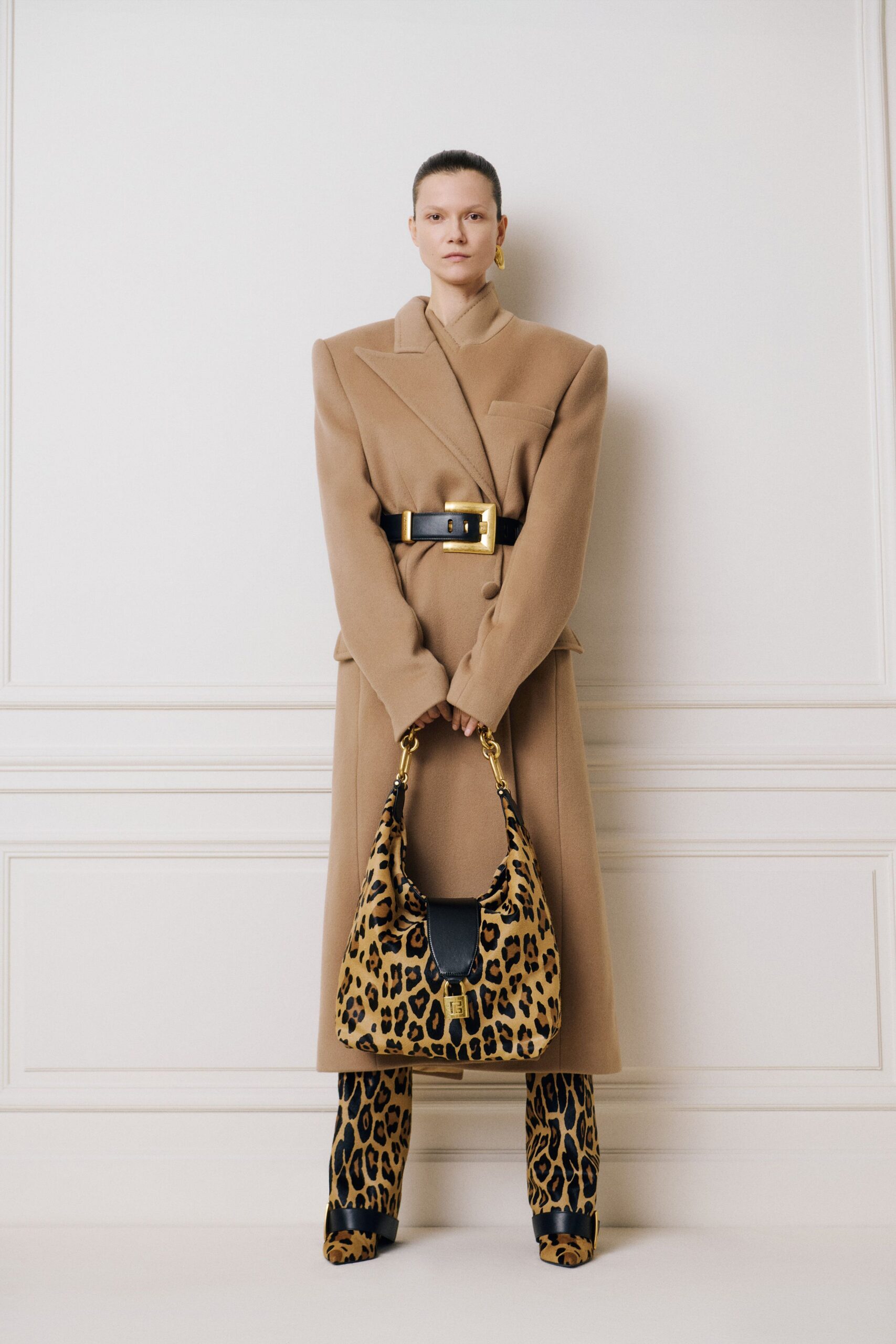 beige wool long-sleeve collared structured belted maxi coat