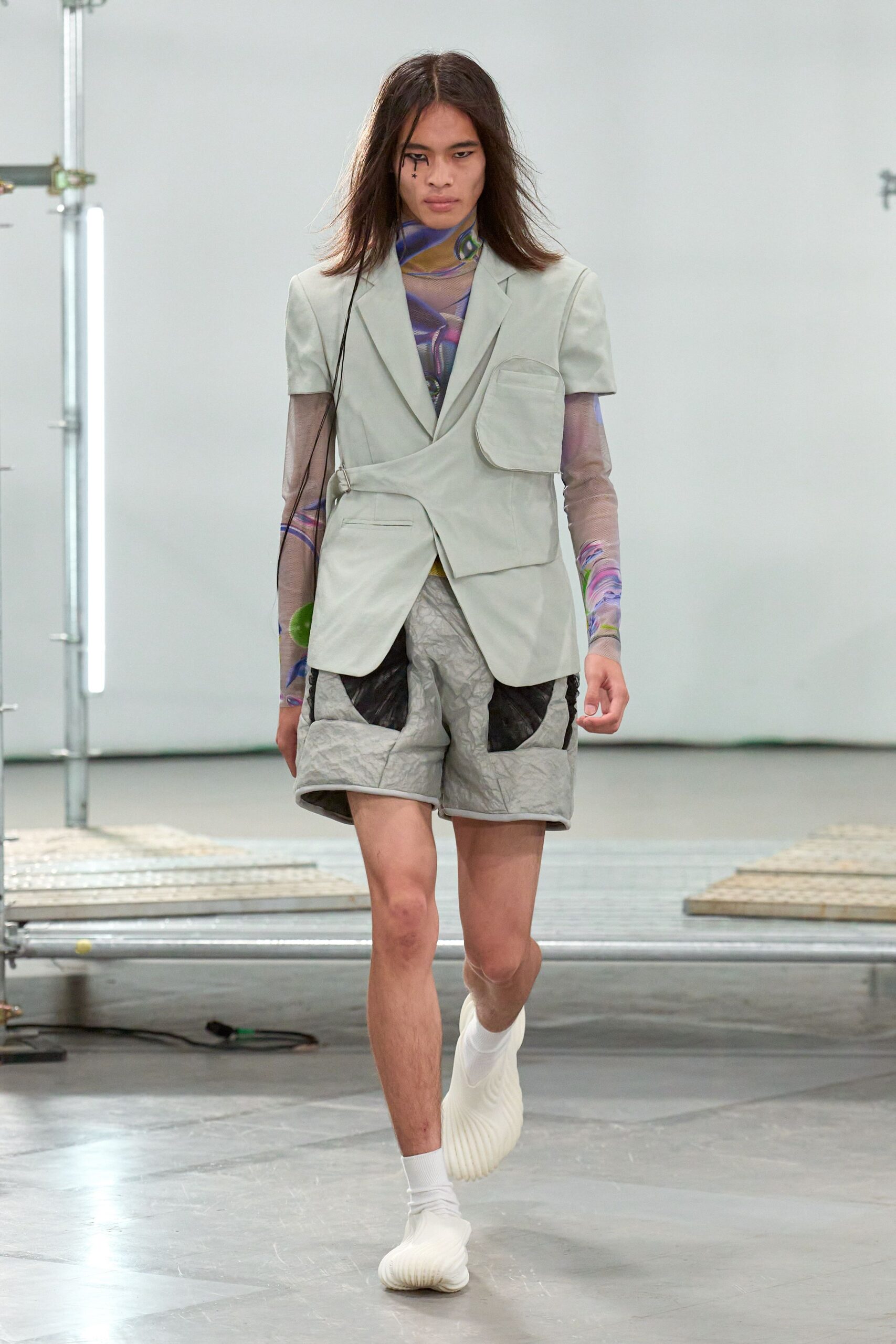 light gray tailored blazer with mesh top
