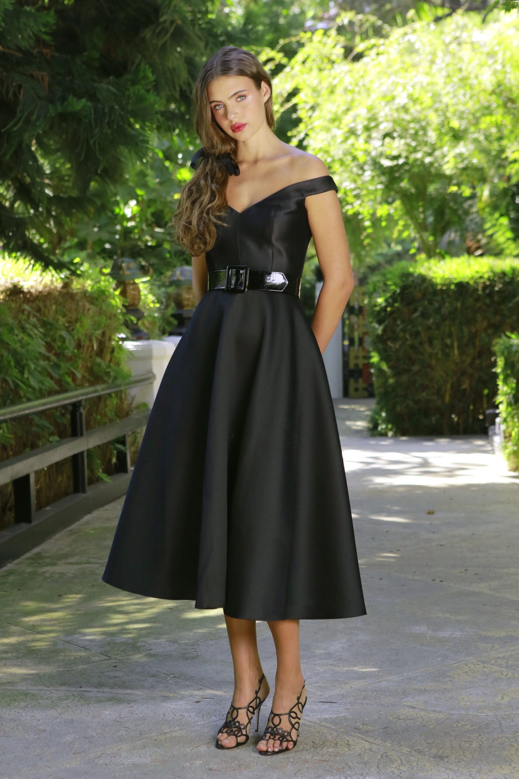 black off-shoulder belted dress