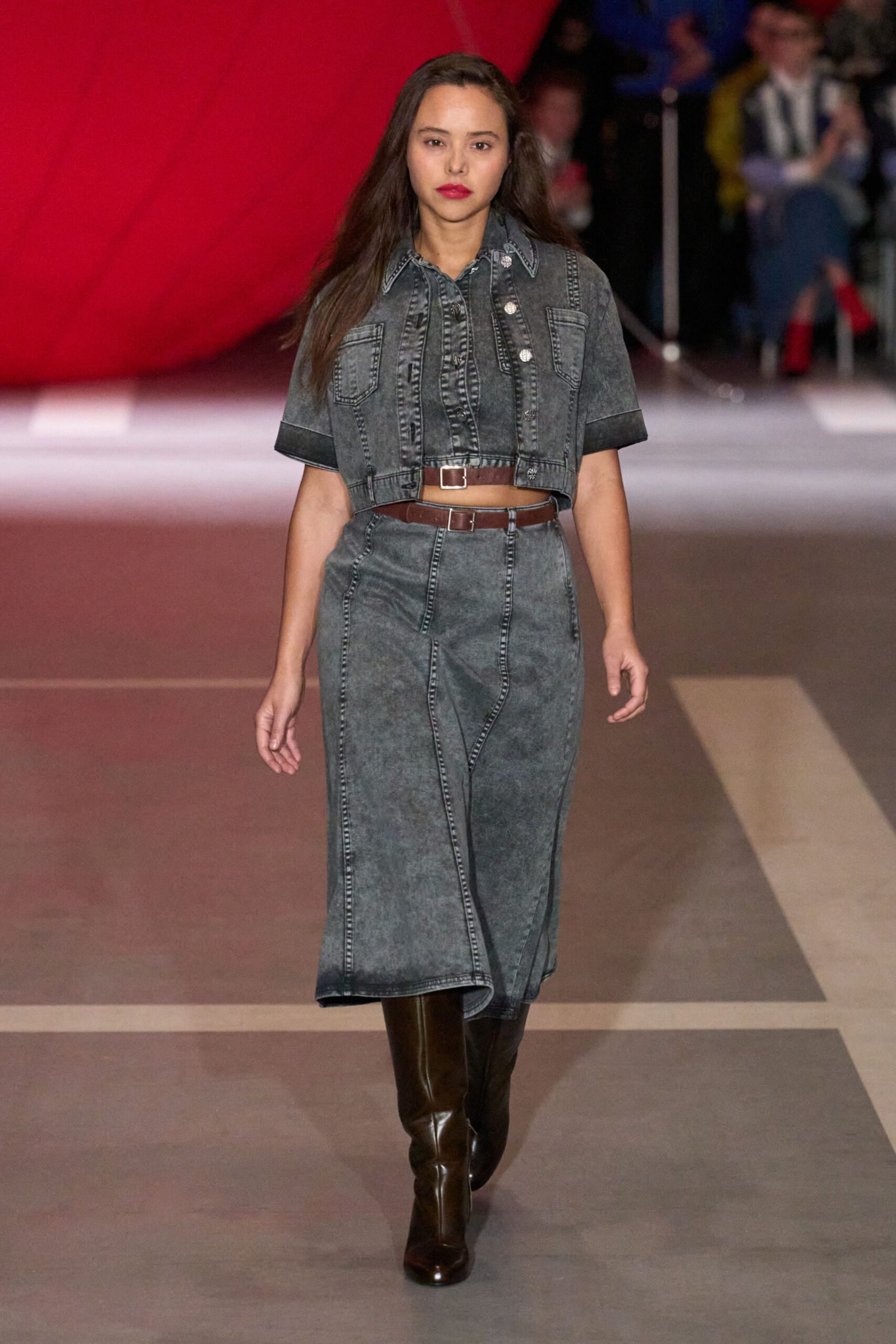gray denim shirt-dress with boots