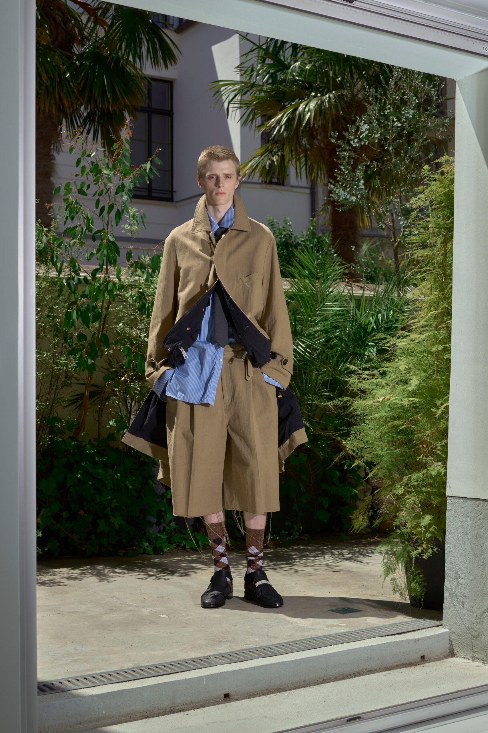 beige cotton long-sleeve collared oversized layered pockets coat