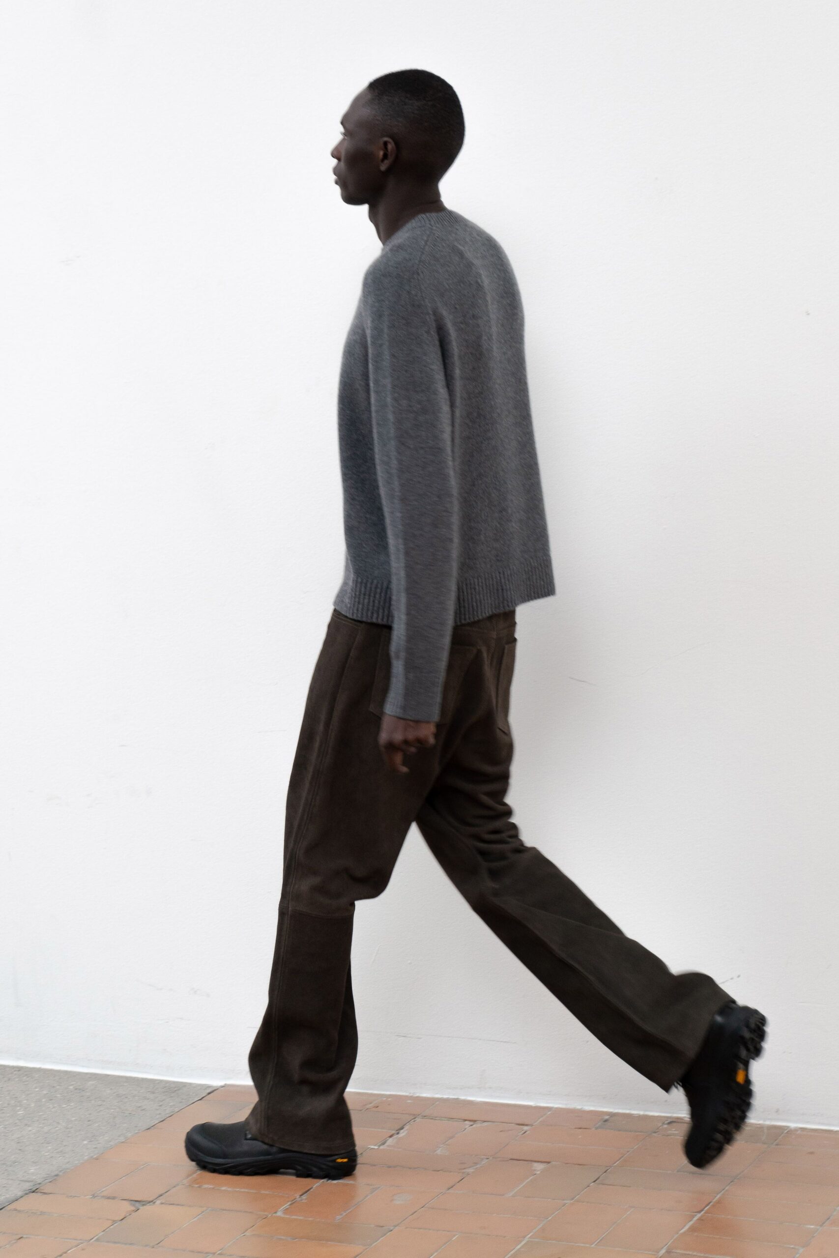 gray wool sweater brown pants