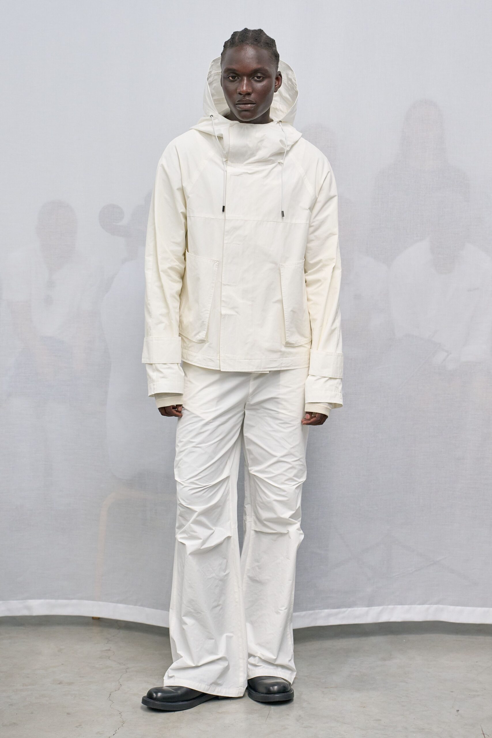 white vinyl long-sleeve hooded relaxed jacket