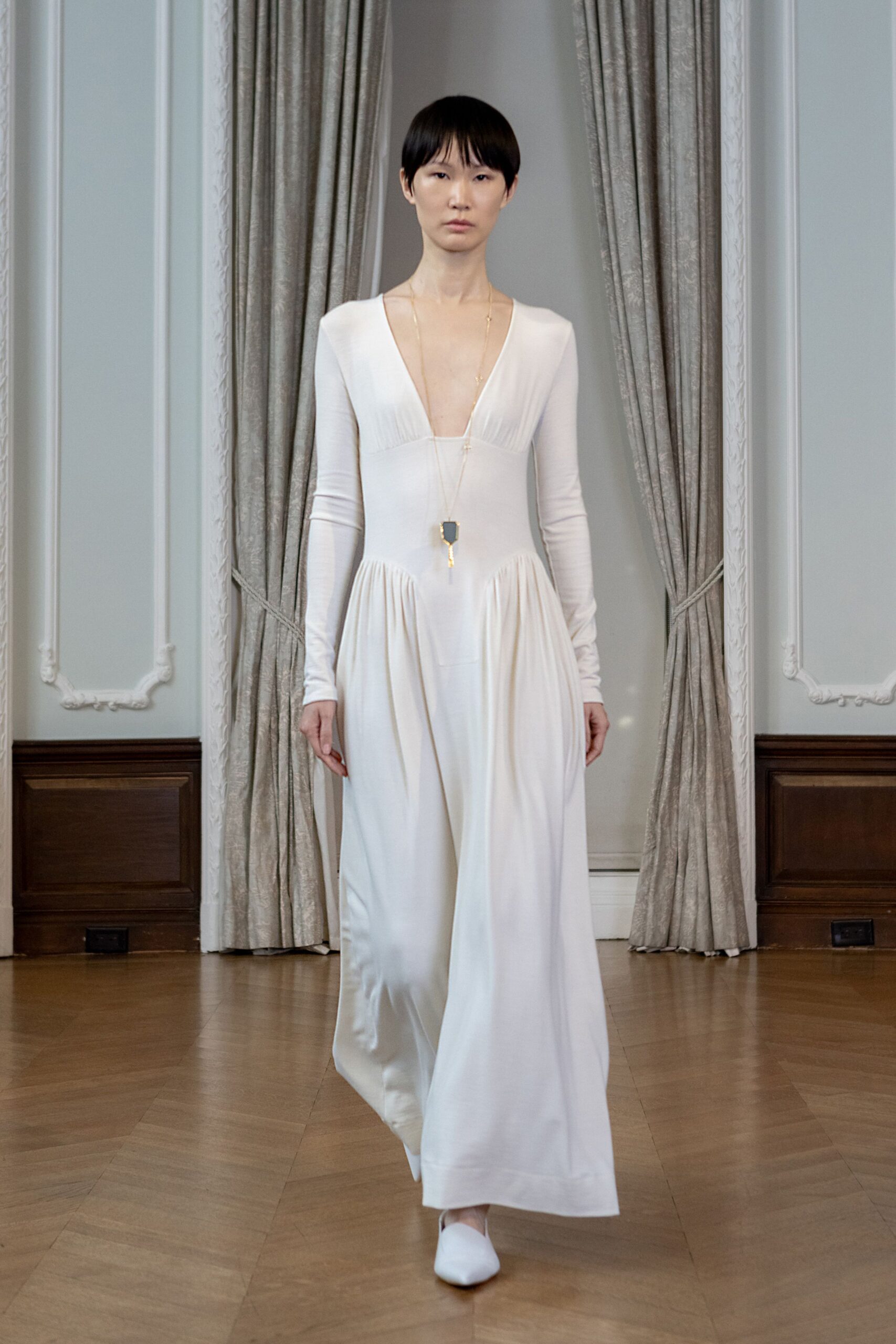 white silk fitted gown