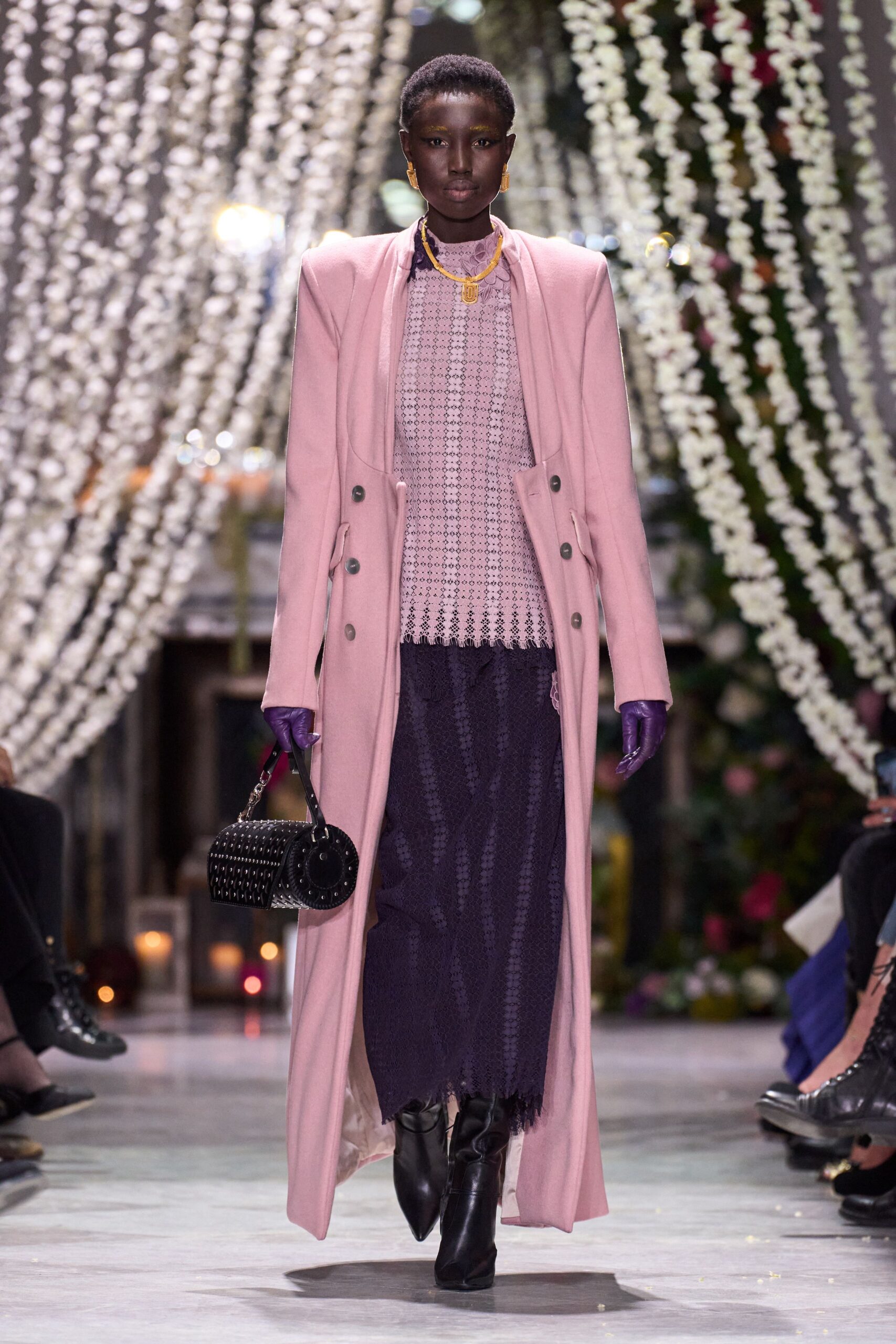pink wool long-sleeve collared fitted belted maxi coat