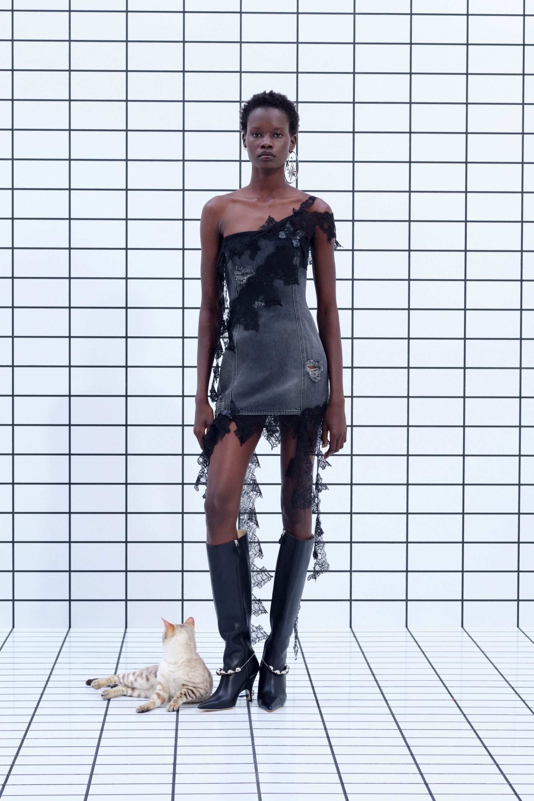 black denim sleeveless off-shoulder fitted fringed layered dress