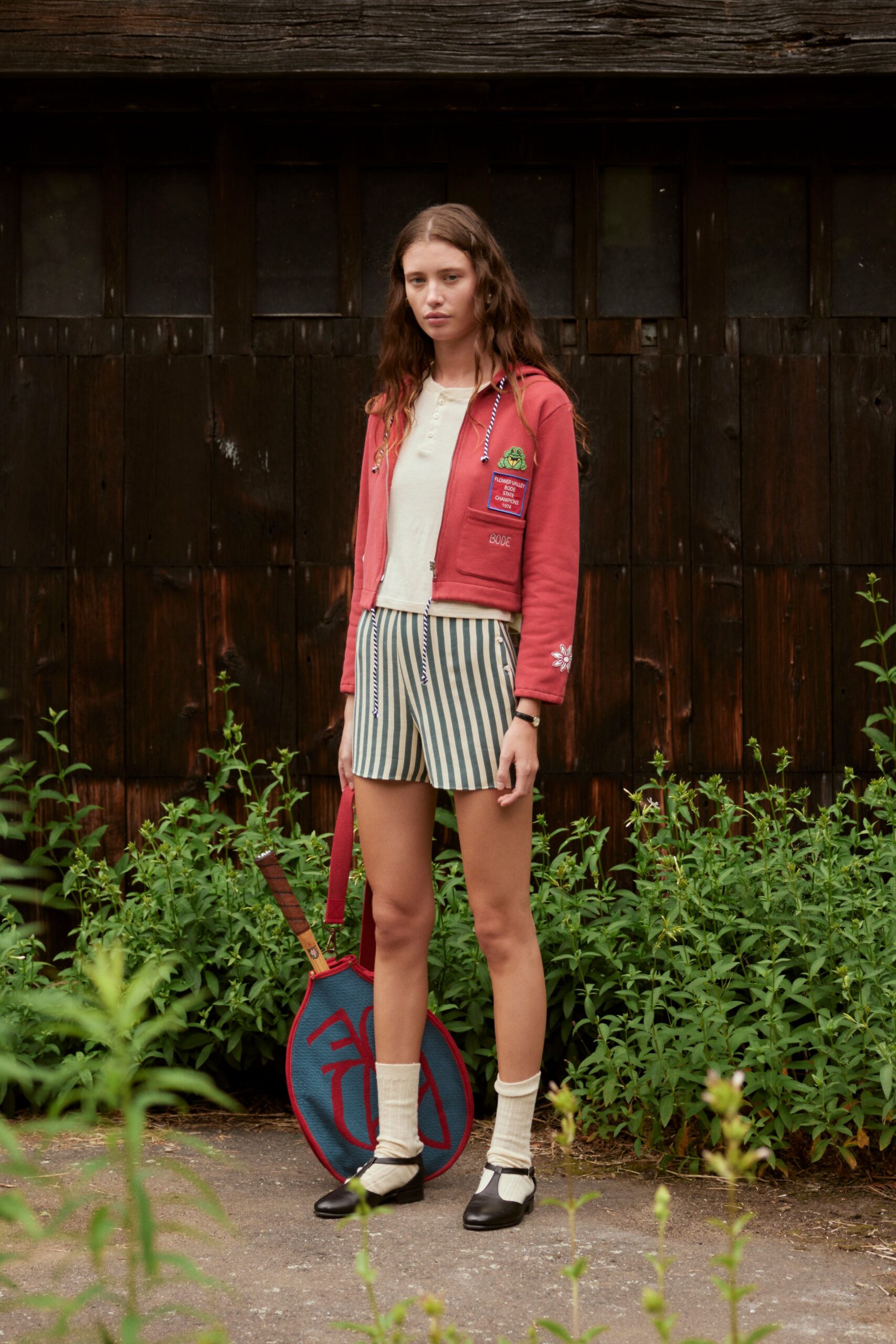 red cotton long-sleeve collared relaxed embroidered jacket