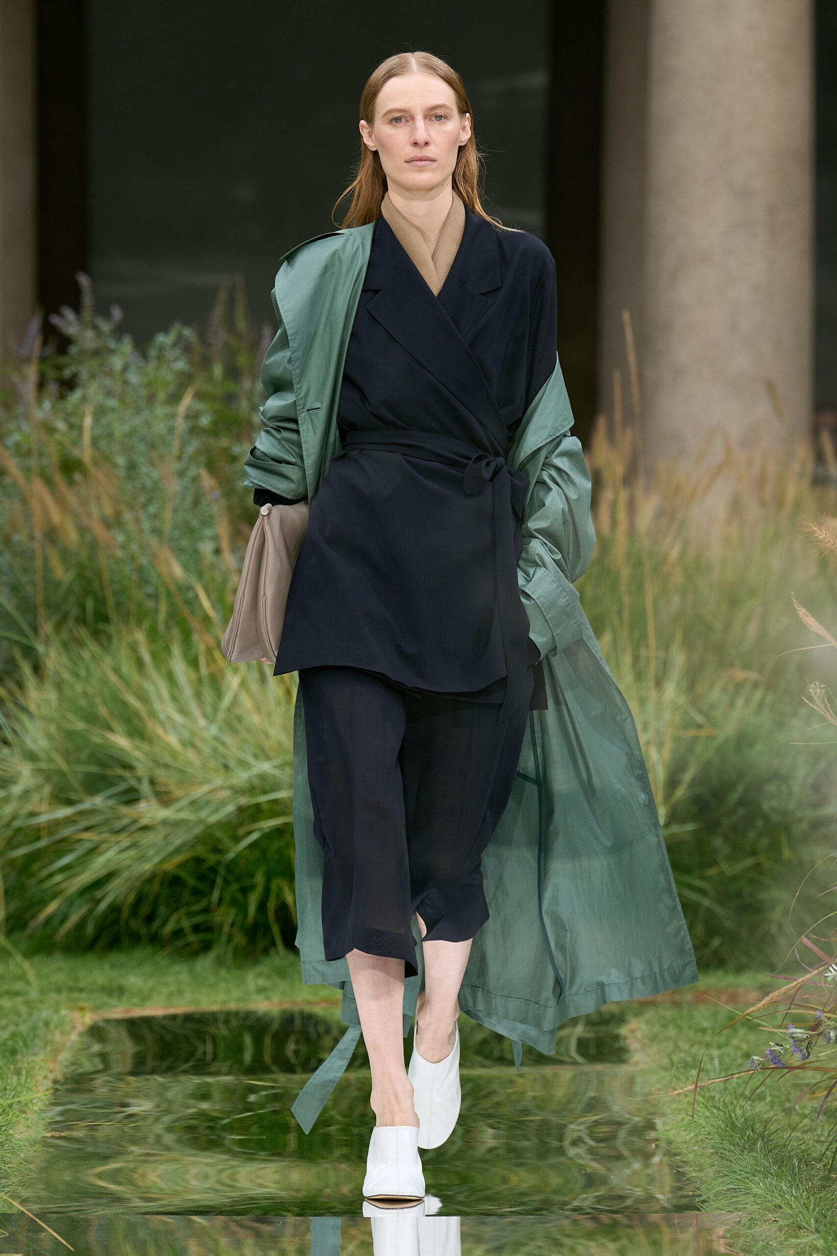 green silk long-sleeve collared relaxed draped jacket