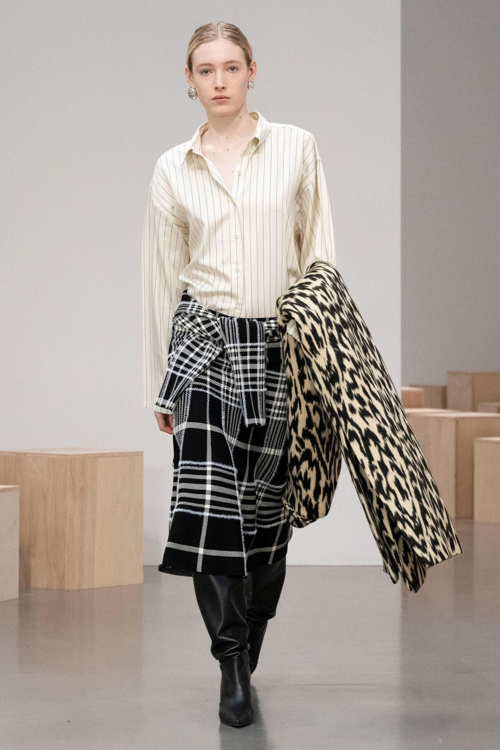 striped shirt with checked skirt