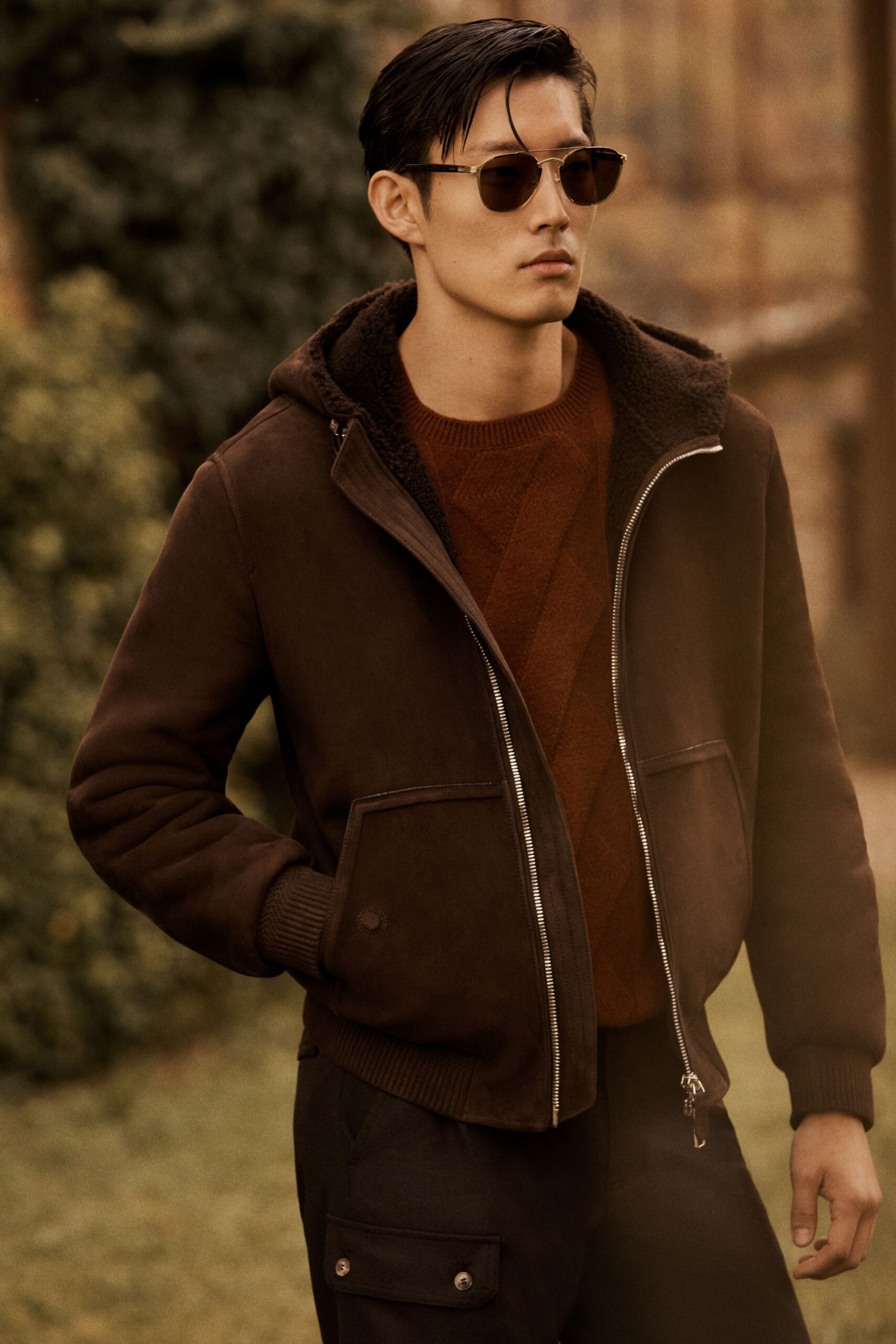 brown suede jacket red sweater