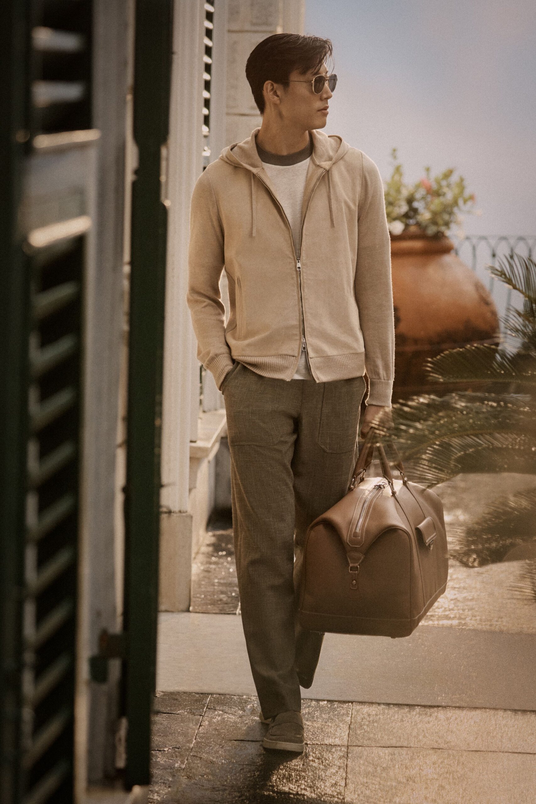 beige hoodie gray pants