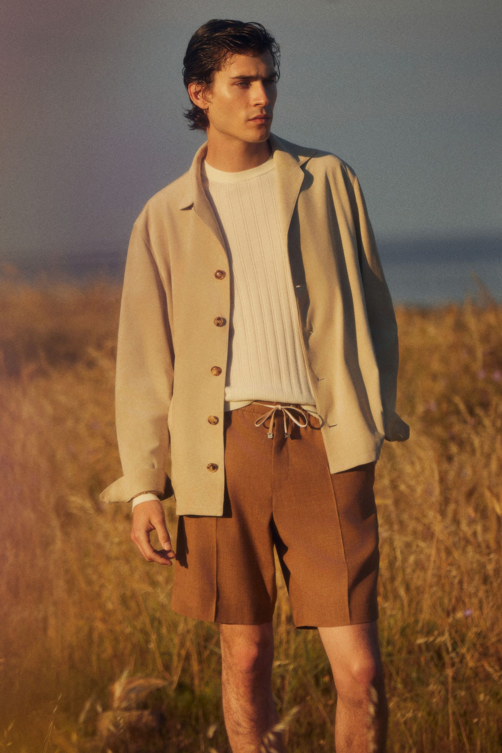 beige wool long-sleeve collared relaxed buttoned pockets jacket