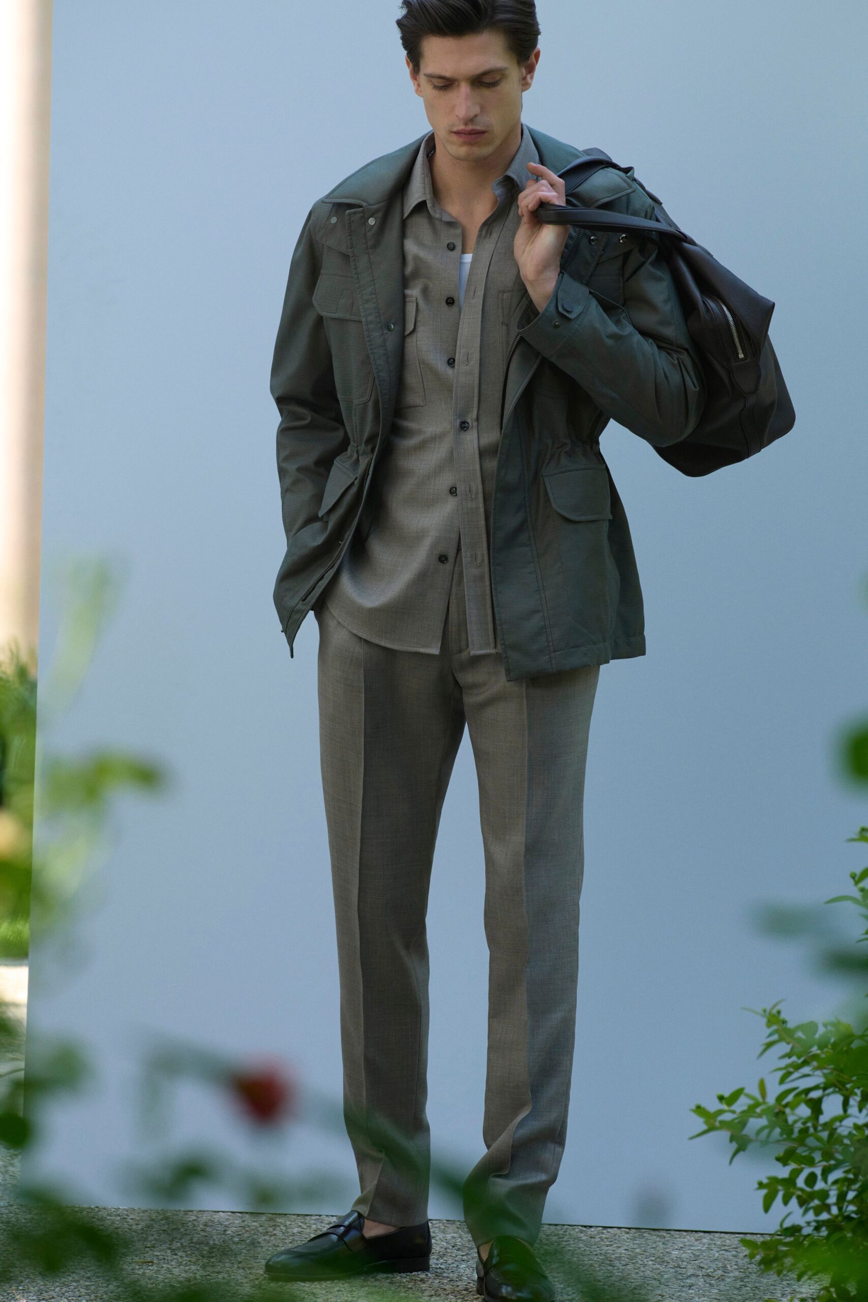 gray jacket beige shirt tailored pants