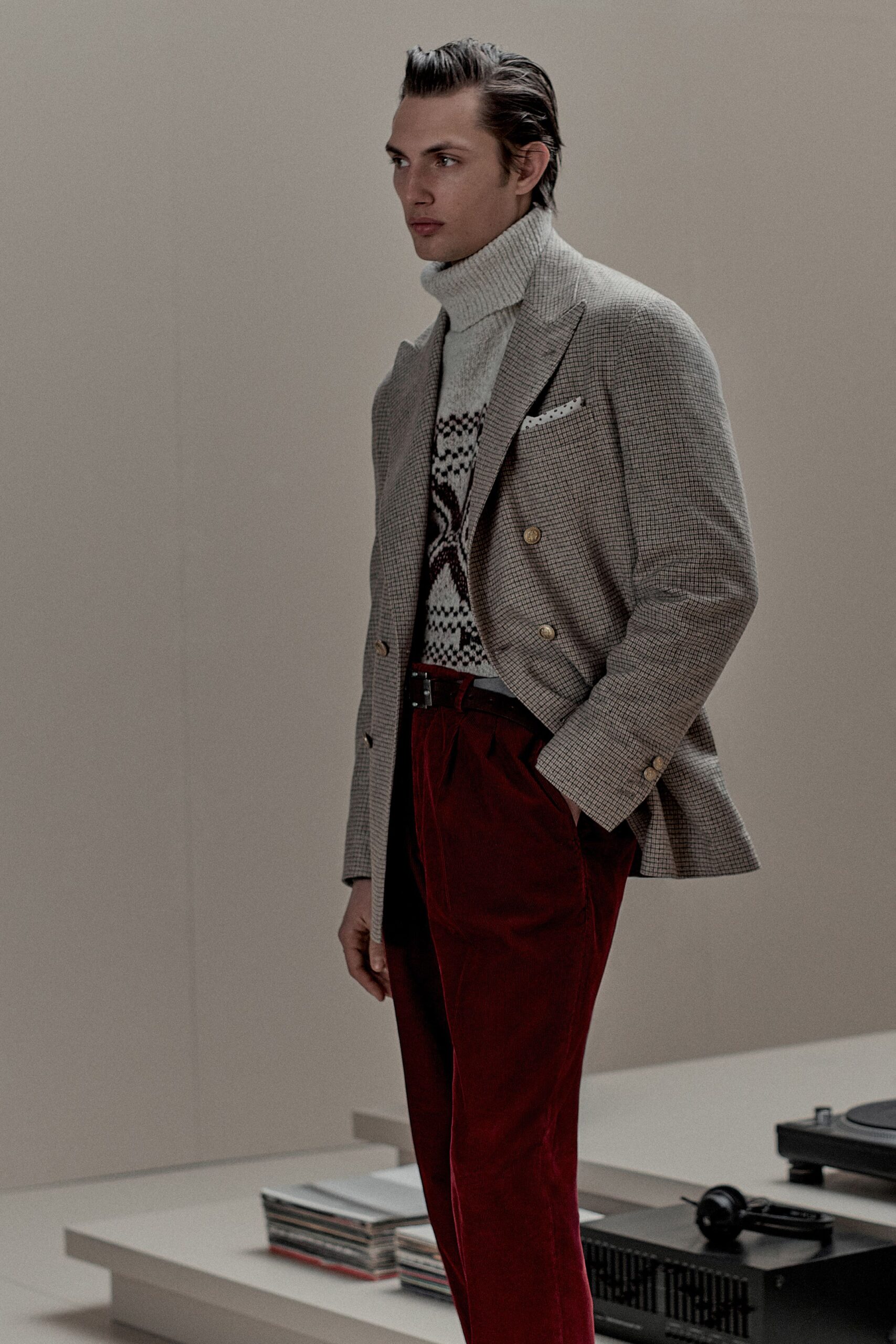 gray tailored blazer with white turtleneck