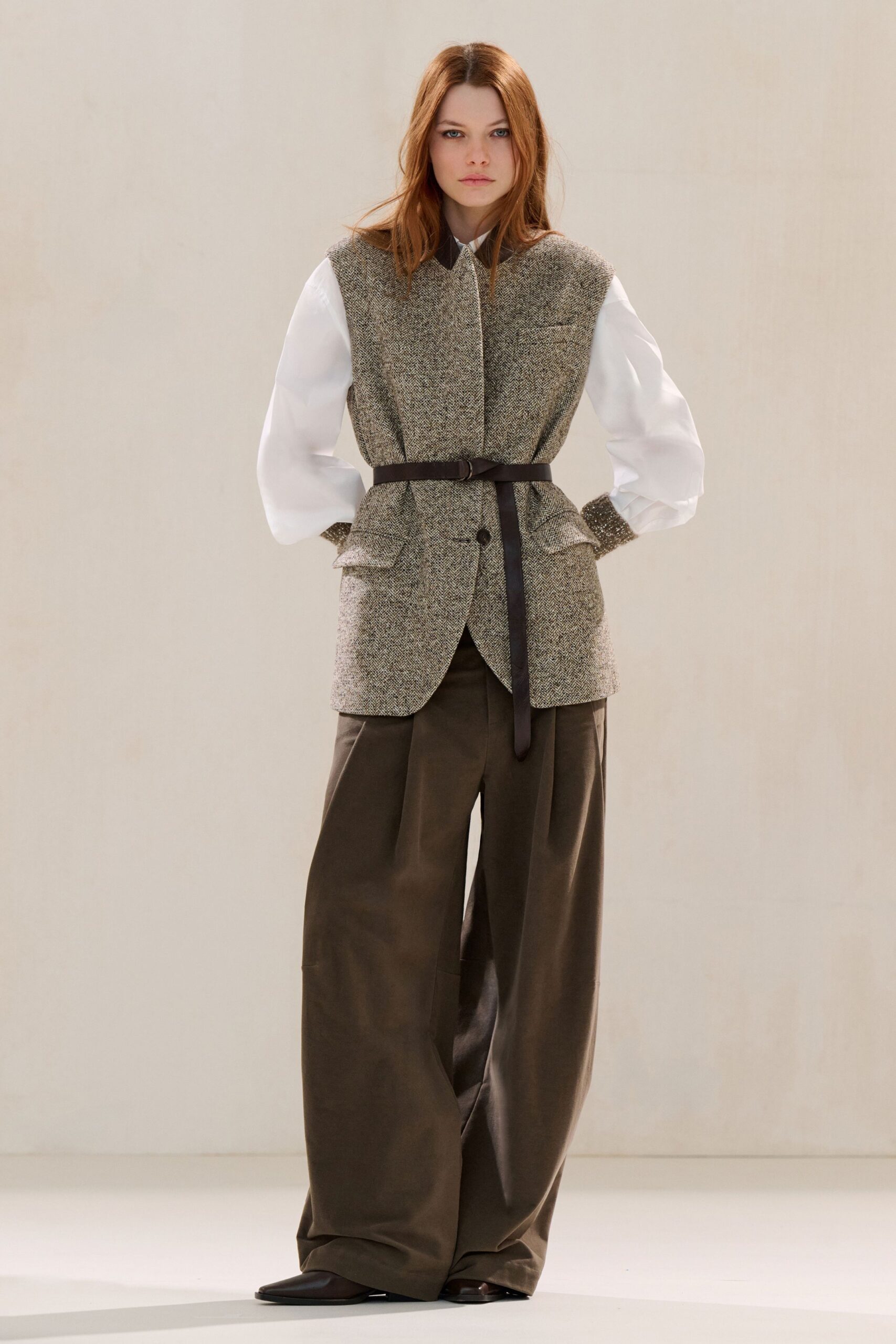 gray wool long-sleeve collared relaxed buttoned belted vest