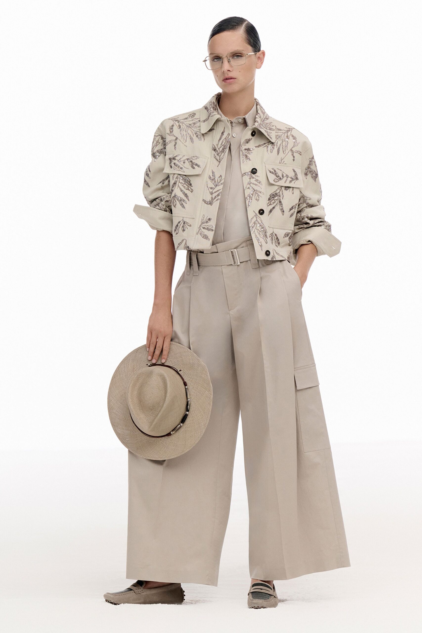 beige embroidered jacket with cargo pants