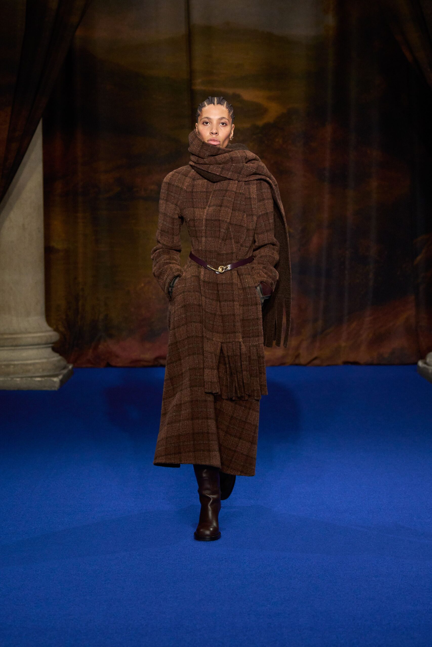 brown wool long-sleeve collared fitted checked belted coat
