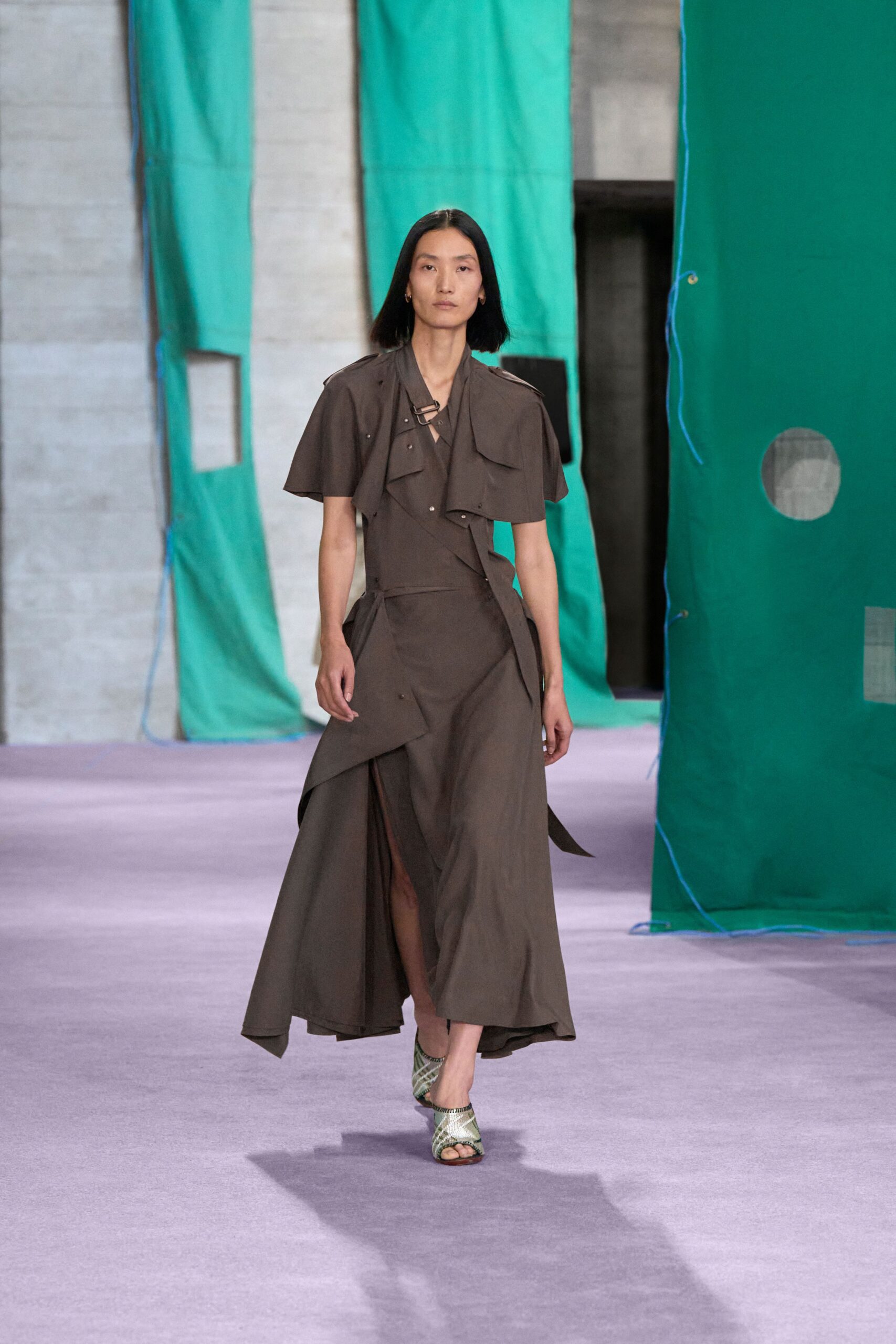 brown cotton short-sleeve v-neck fitted draped maxi dress