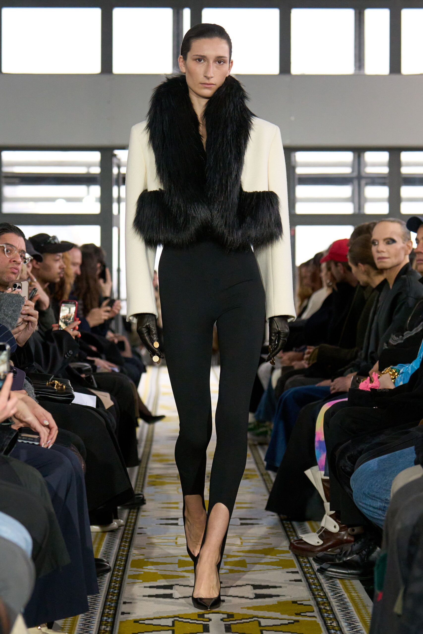white fur long-sleeve collared structured zippered jacket