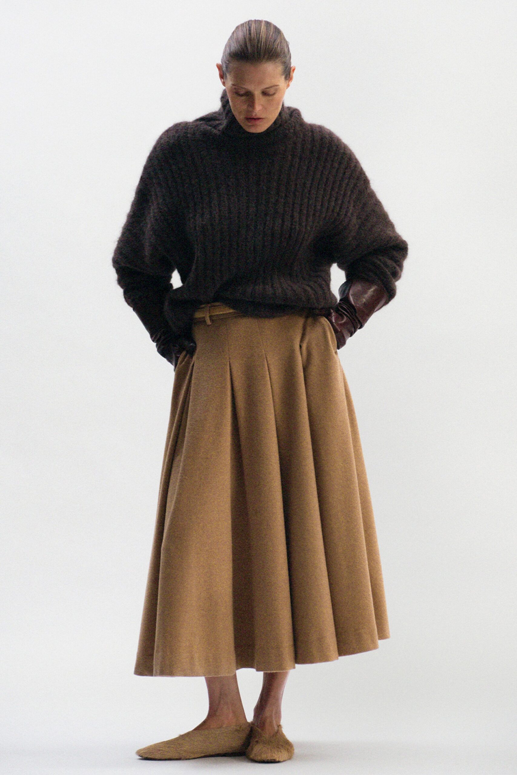 brown oversized sweater beige midi skirt
