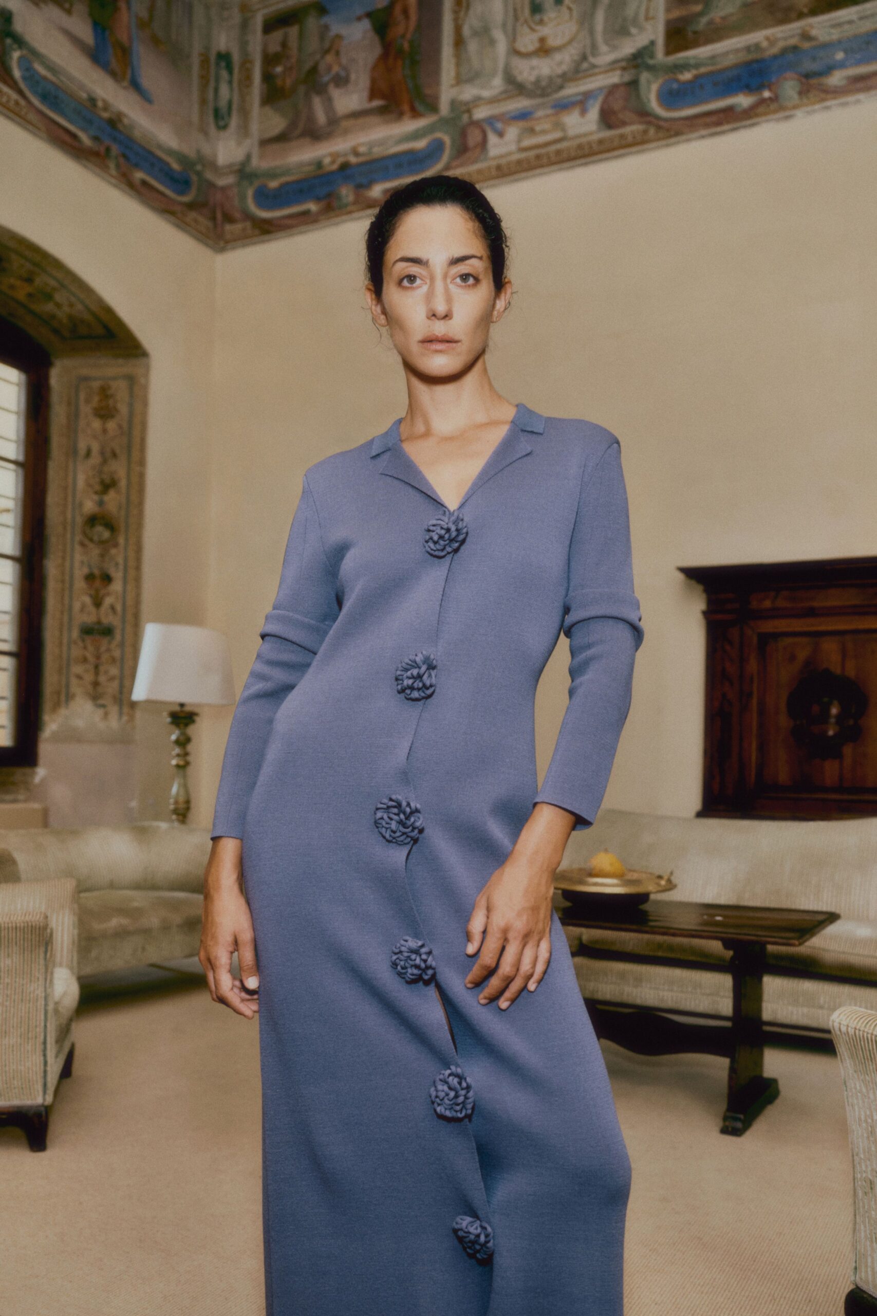 blue fitted long-sleeve dress
