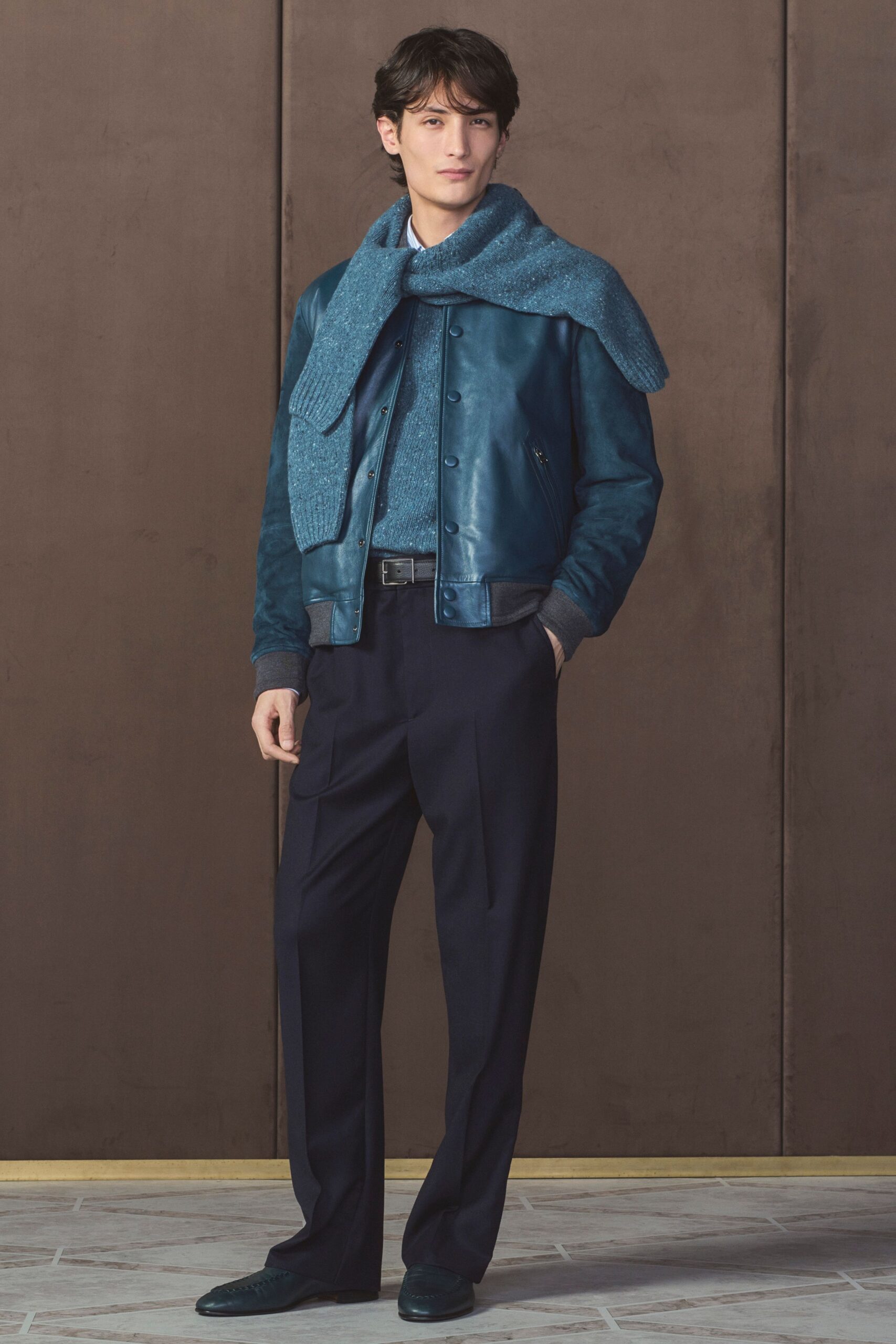 blue leather long-sleeve collared fitted zippered jacket